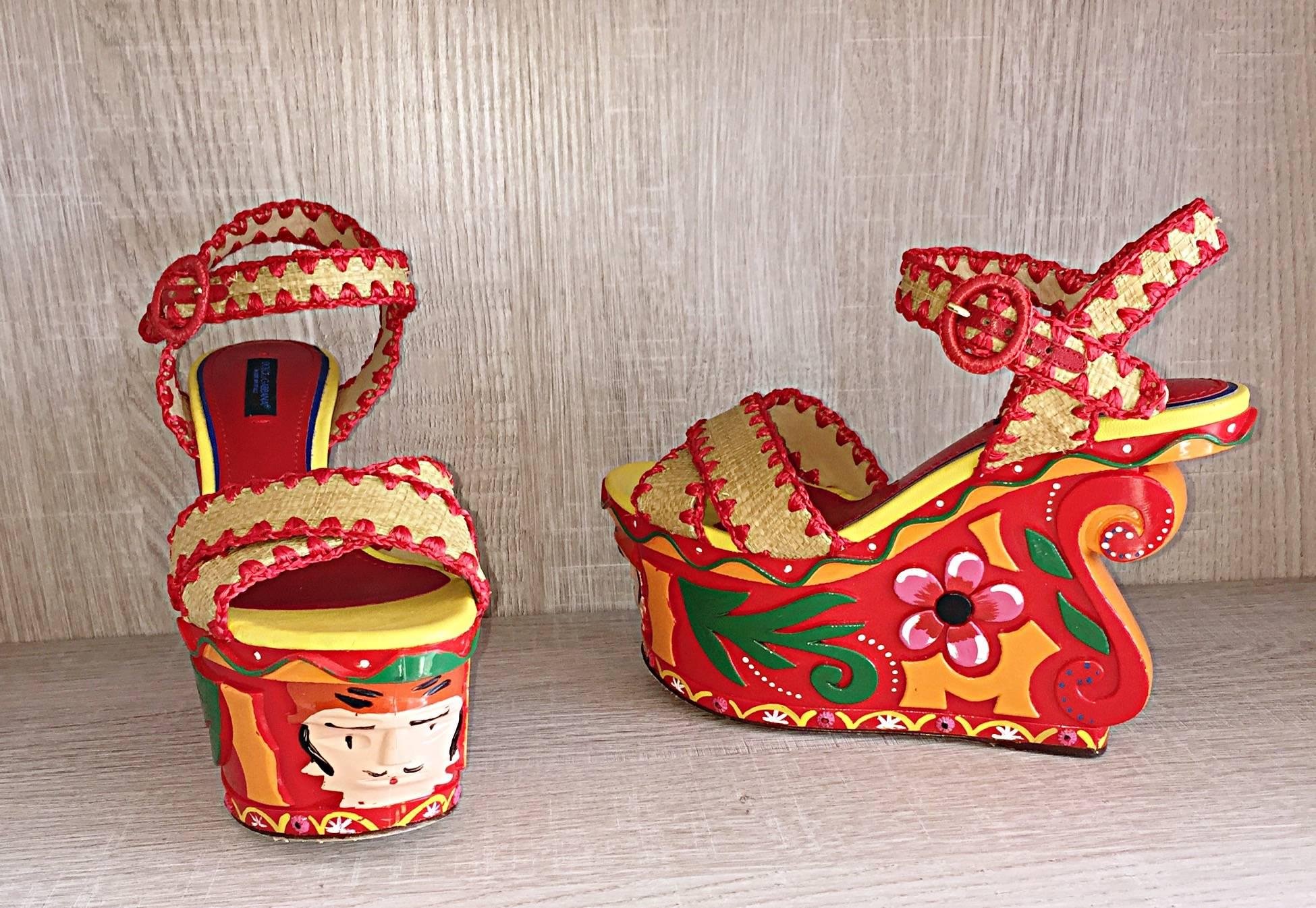 Rare Dolce & Gabbana Runway Tiki Hand Painted SS13 Never Worn Wedges / Shoes 37 4