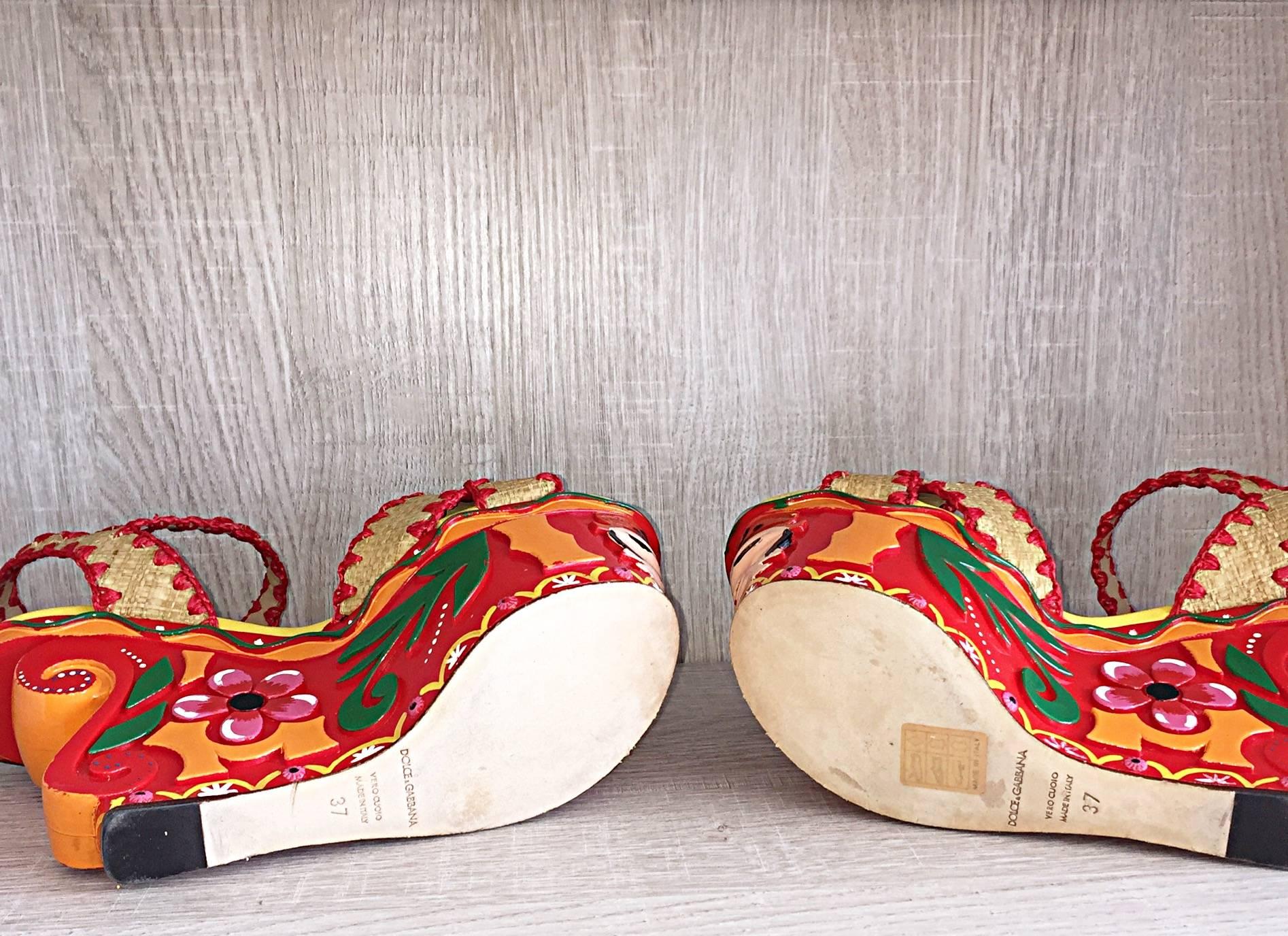 Rare Dolce & Gabbana Runway Tiki Hand Painted SS13 Never Worn Wedges / Shoes 37 5