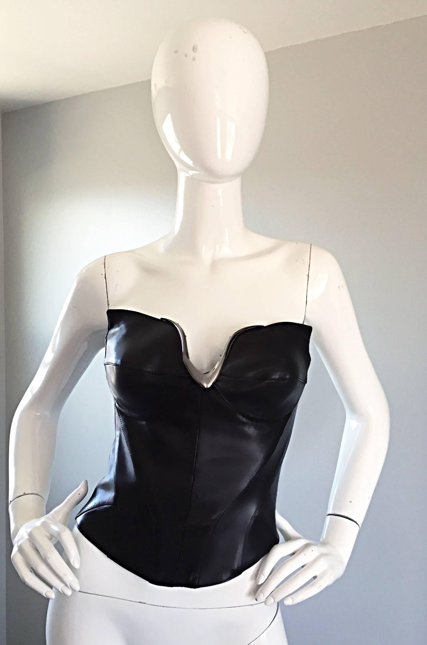 Women's Thierry Mugler Couture Iconic Black Leather + Silver Avant Garde Bustier Corset