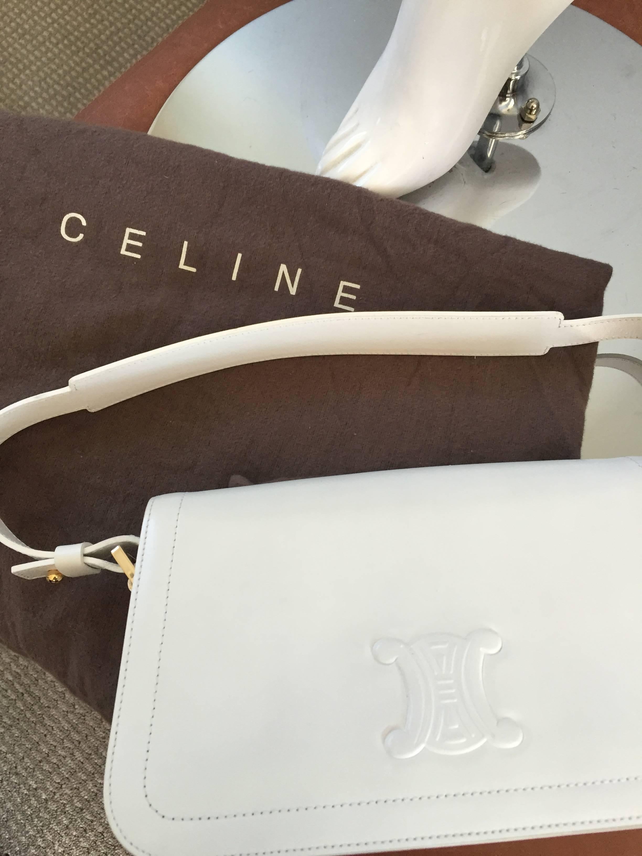 Women's Vintage Celine New White Leather Structured Shoulder Bag Convertible Clutch 