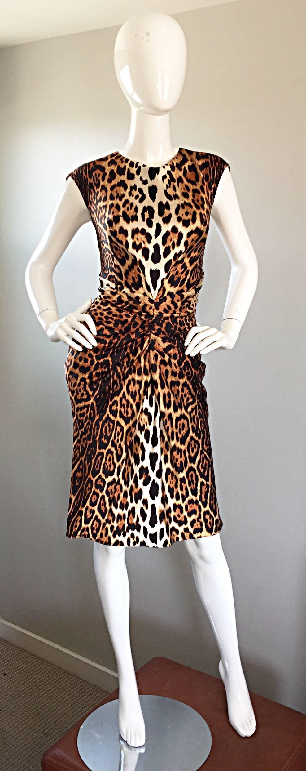 Size 10 ! Classic, flattering and sexy all in one! JOHN GALLIANO for CHRISTIAN DIOR Spring 2008 leopard / cheetah print silk dress! Features a classic round neckline, with a form fitting bodice, and flattering ruched waist that hides any 'trouble'