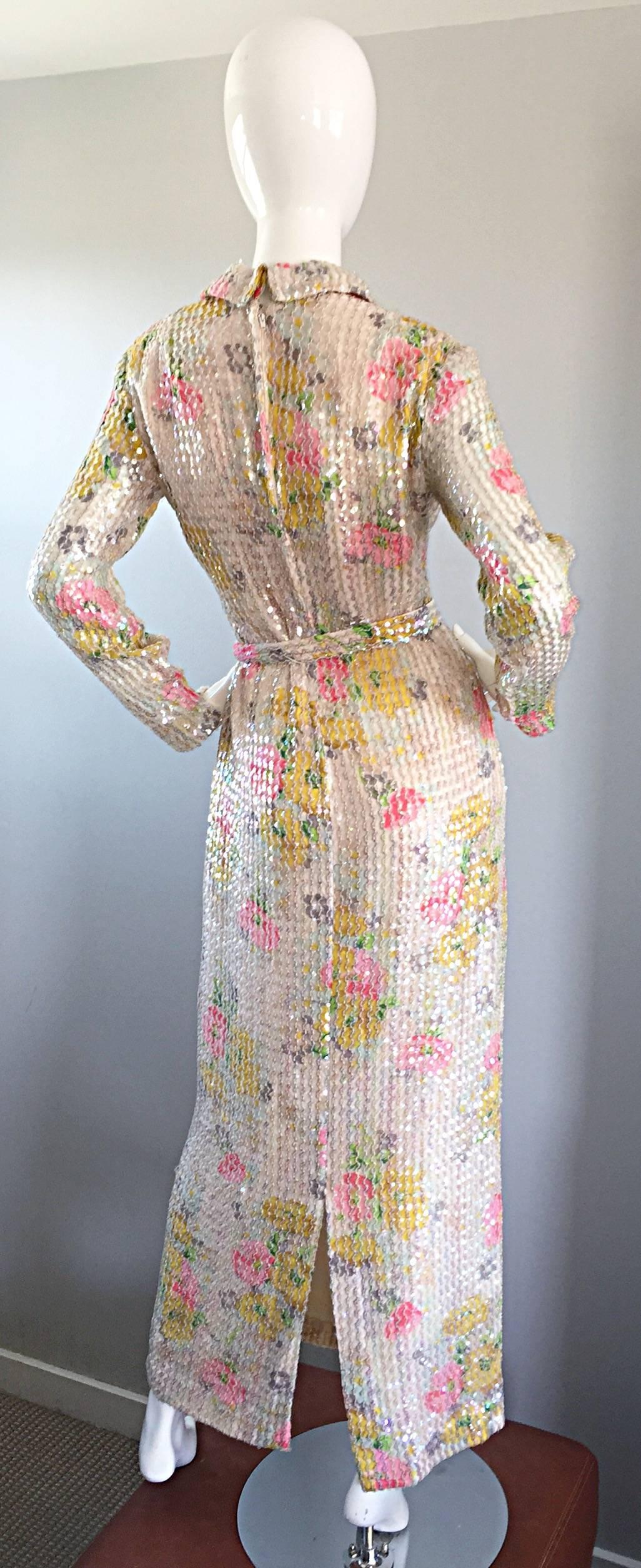 Women's Beautiful 70s Vintage Allover Sequin Long Sleeve Flower Belted Full Length Dress
