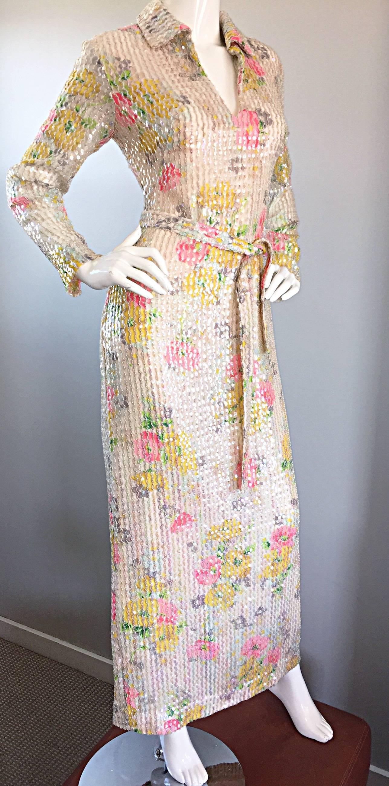 Beautiful 70s Vintage Allover Sequin Long Sleeve Flower Belted Full Length Dress 1