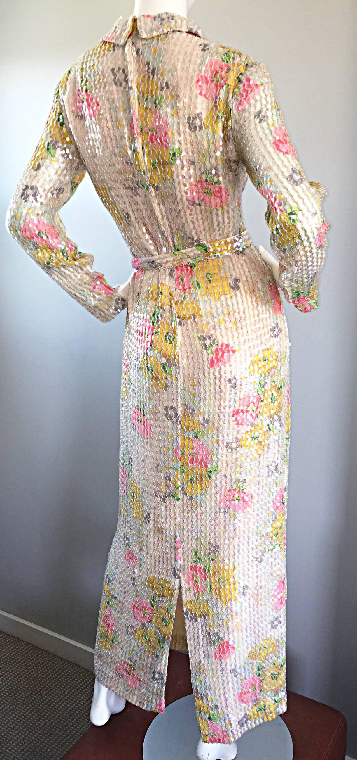 Beautiful 70s Vintage Allover Sequin Long Sleeve Flower Belted Full Length Dress 2