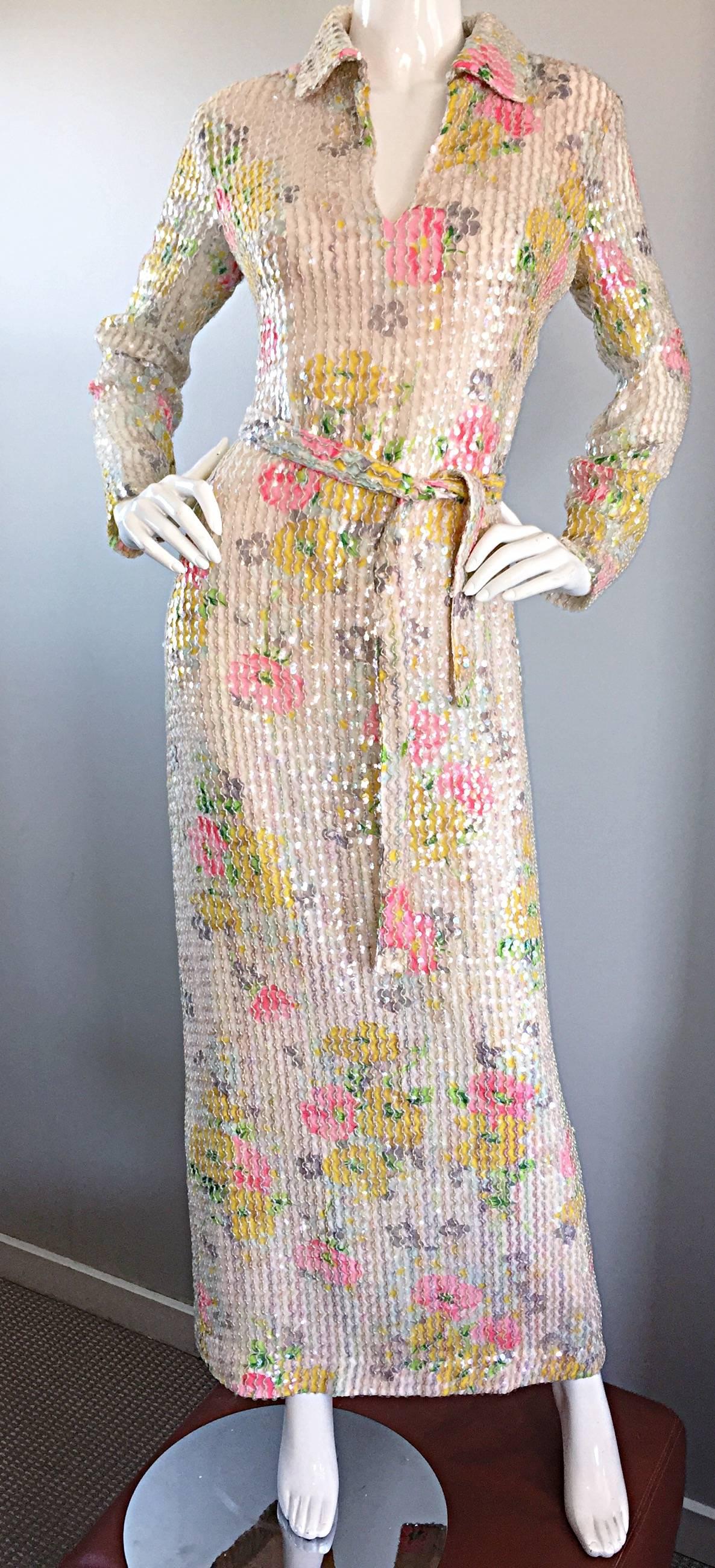 Beautiful 70s Vintage Allover Sequin Long Sleeve Flower Belted Full Length Dress 3