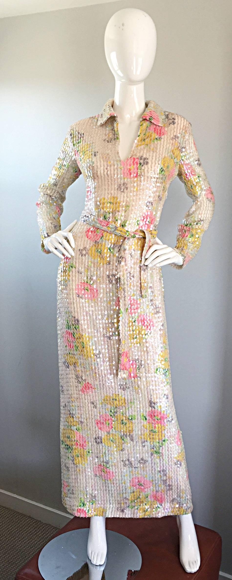 Beautiful 70s Vintage Allover Sequin Long Sleeve Flower Belted Full Length Dress 4