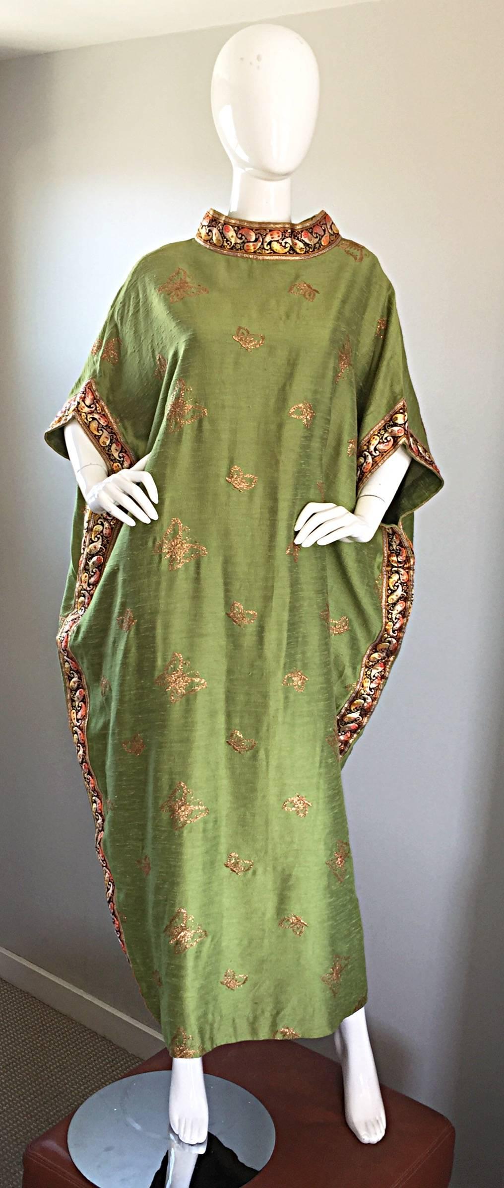 Gorgeous vintage B. COHEN for BERGDORF GOODMAN 60s chartreuse green + gold raw silk shantung butterfly caftan / kaftan dress! Features hand embroidered gold silk butterflies throughout, with intricate embroidered trim around the neck and down the