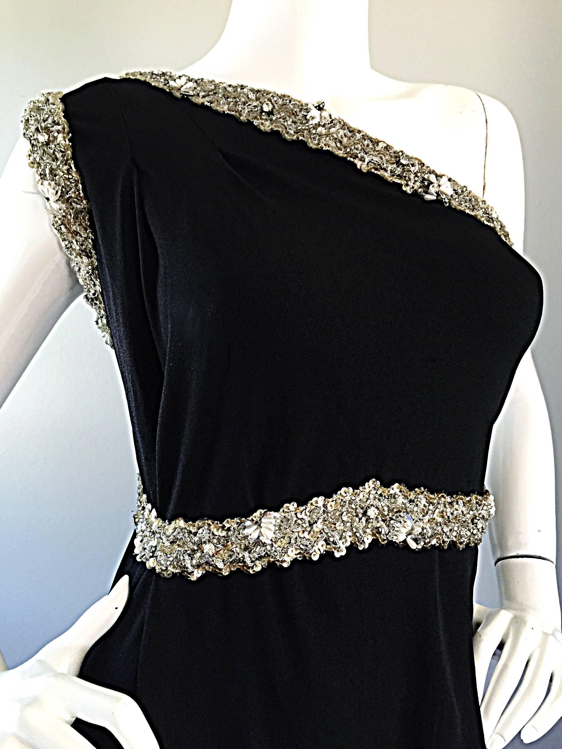 Max Von Waldeck Vintage 1960s Demi Couture Black Crepe One Shoulder Grecian Gown In Excellent Condition In San Diego, CA