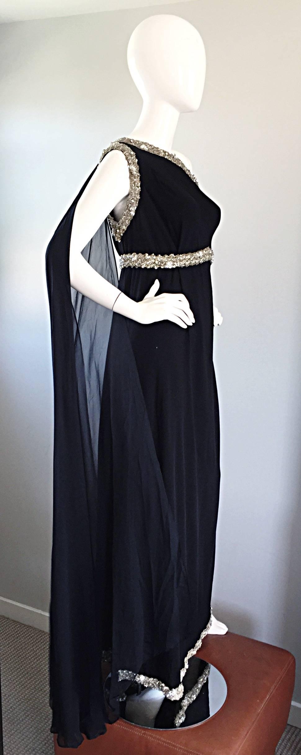 Women's Max Von Waldeck Vintage 1960s Demi Couture Black Crepe One Shoulder Grecian Gown