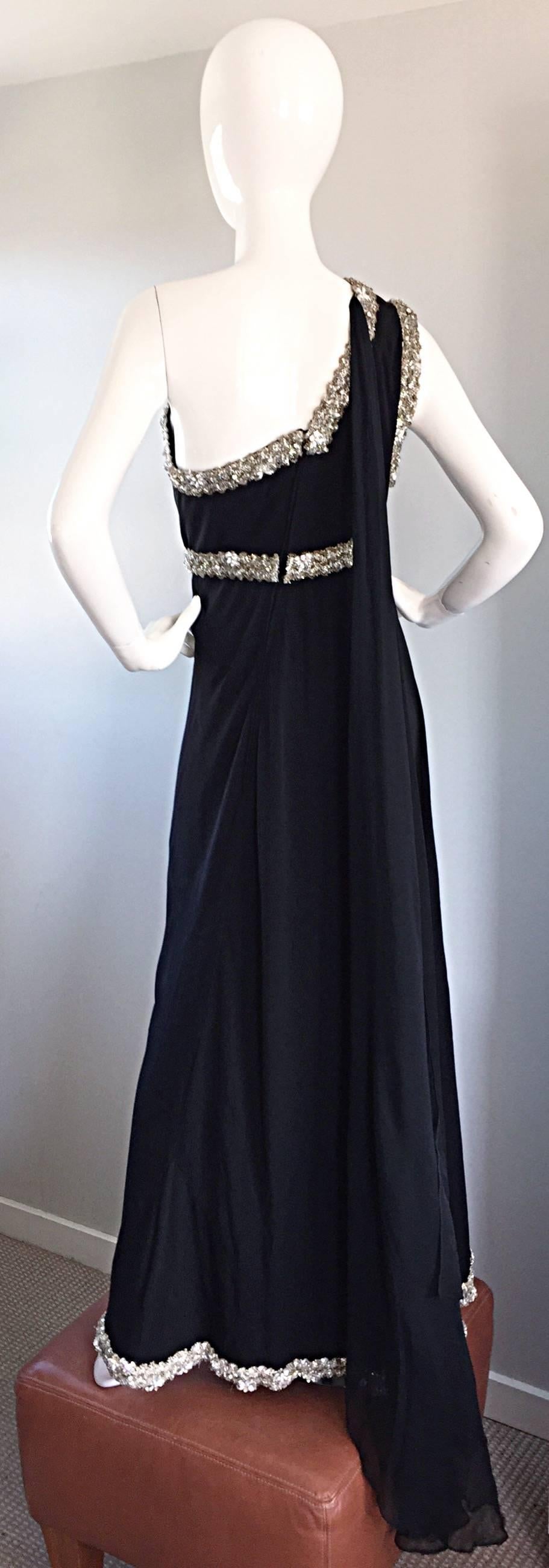 Max Von Waldeck Vintage 1960s Demi Couture Black Crepe One Shoulder Grecian Gown 1