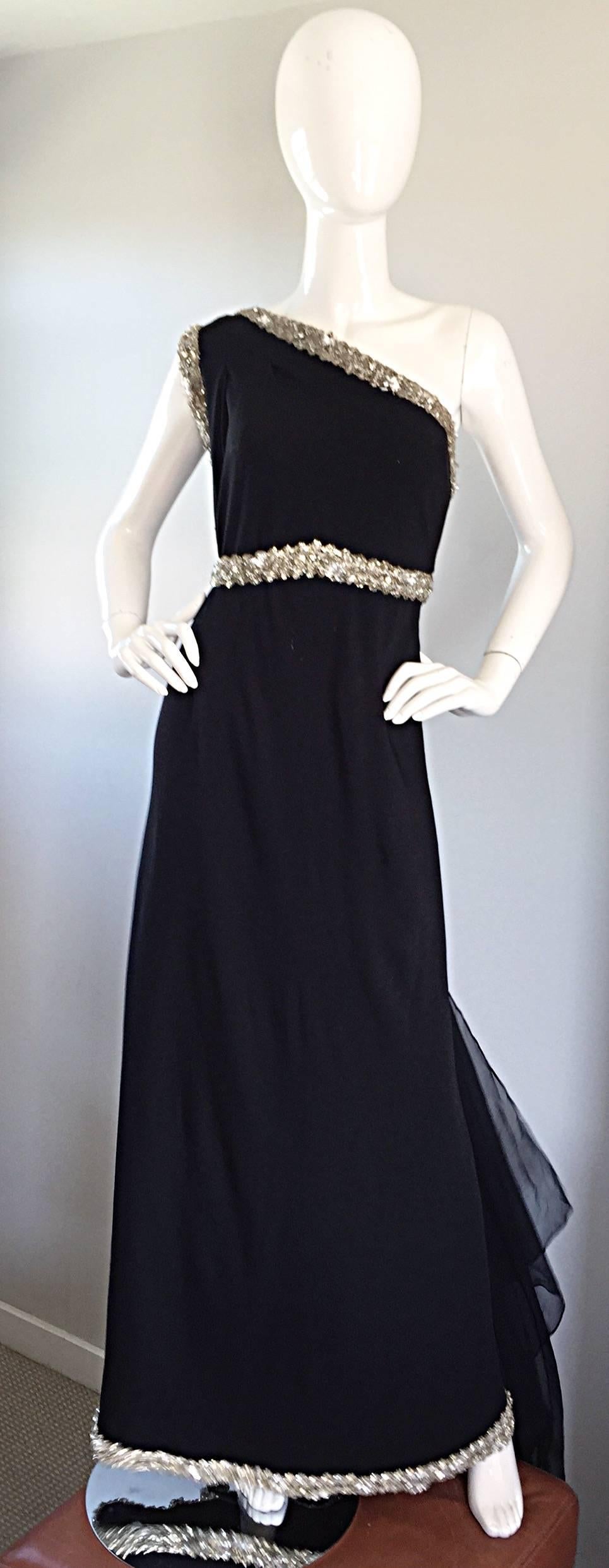 Max Von Waldeck Vintage 1960s Demi Couture Black Crepe One Shoulder Grecian Gown 2