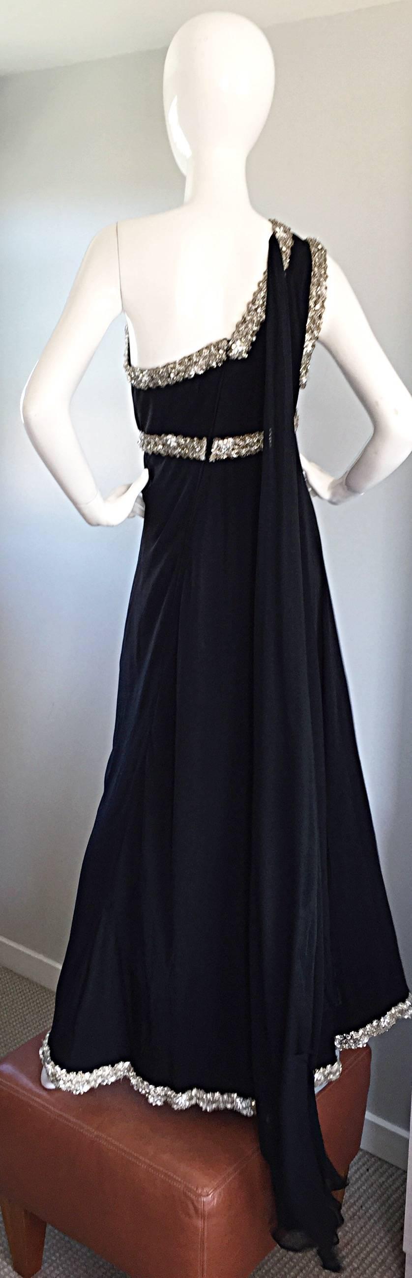 Max Von Waldeck Vintage 1960s Demi Couture Black Crepe One Shoulder Grecian Gown 4
