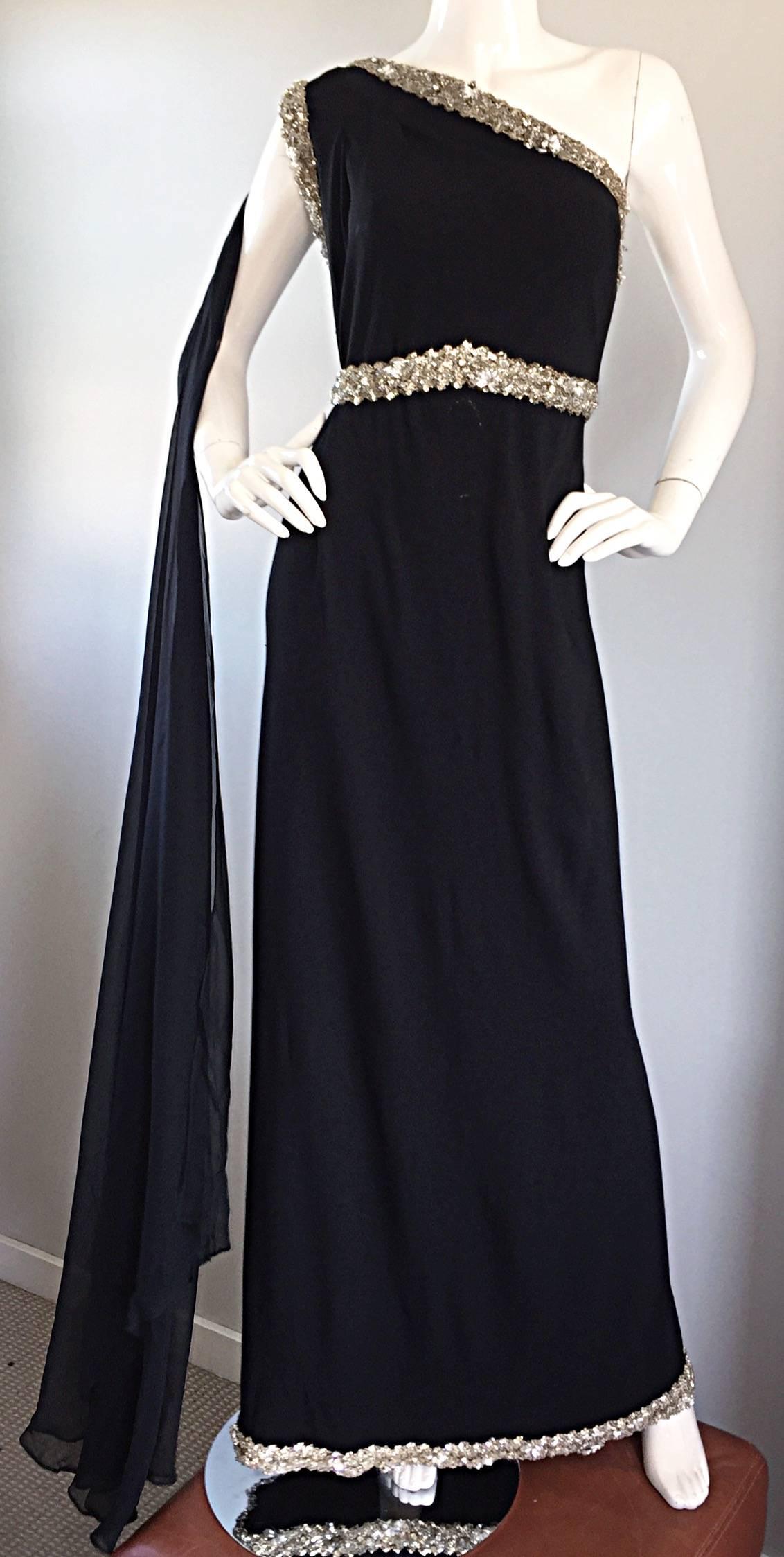 Max Von Waldeck Vintage 1960s Demi Couture Black Crepe One Shoulder Grecian Gown 5