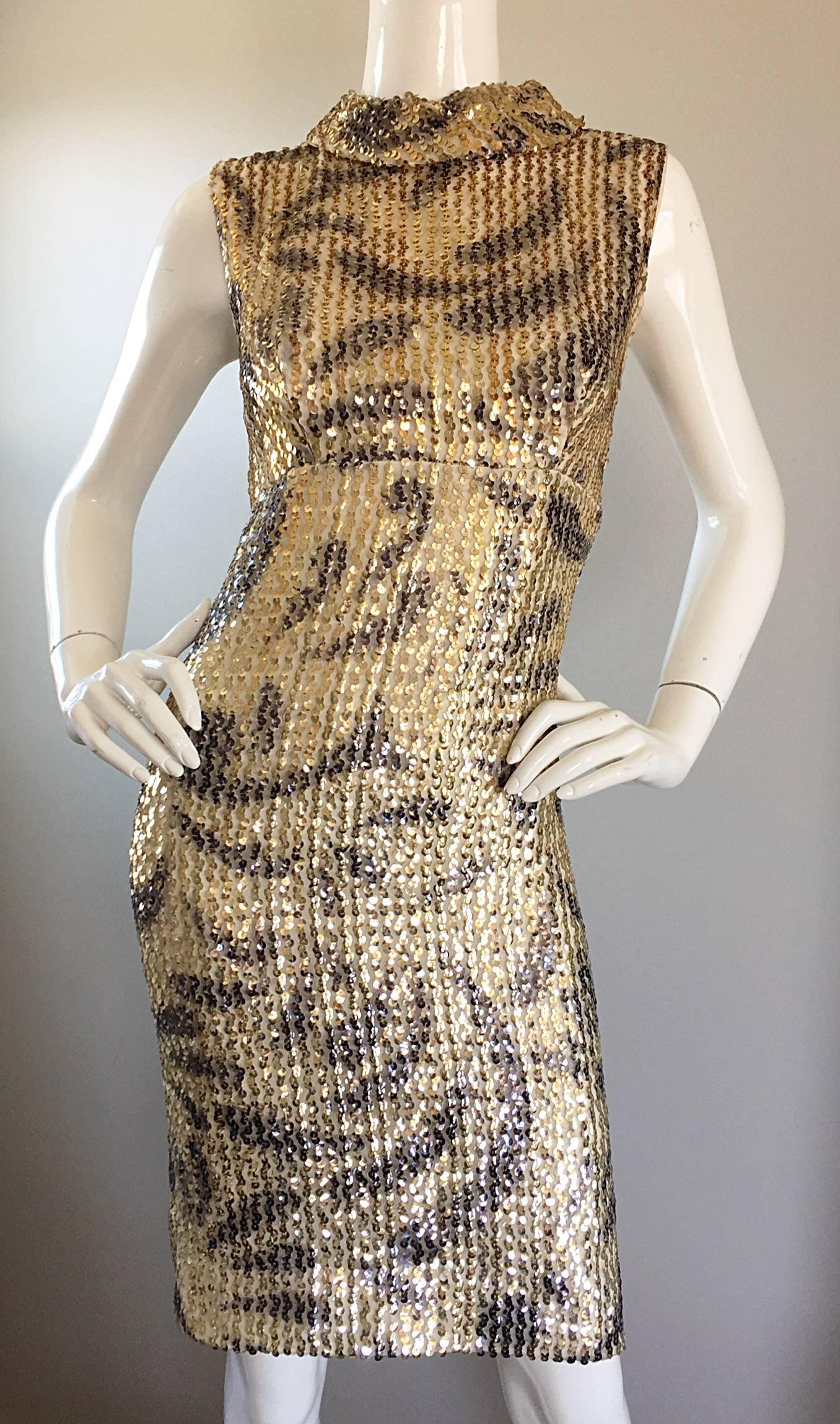 Brown Elinor Gay 1960s Vintage Gold + Black Sequin 60s Retro Mod Wiggle Shift Dress
