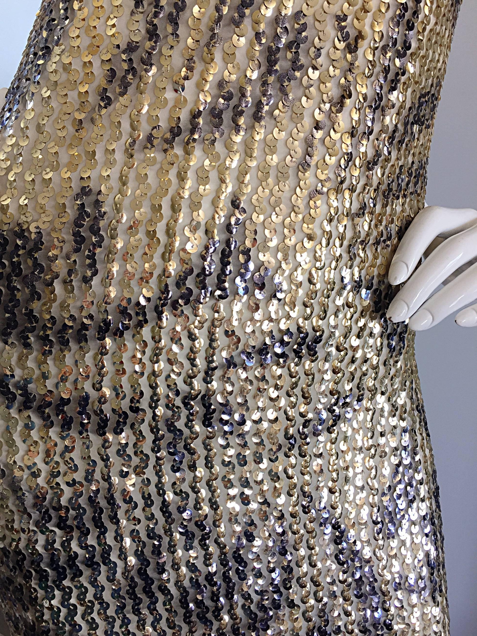 Elinor Gay 1960s Vintage Gold + Black Sequin 60s Retro Mod Wiggle Shift Dress In Excellent Condition In San Diego, CA