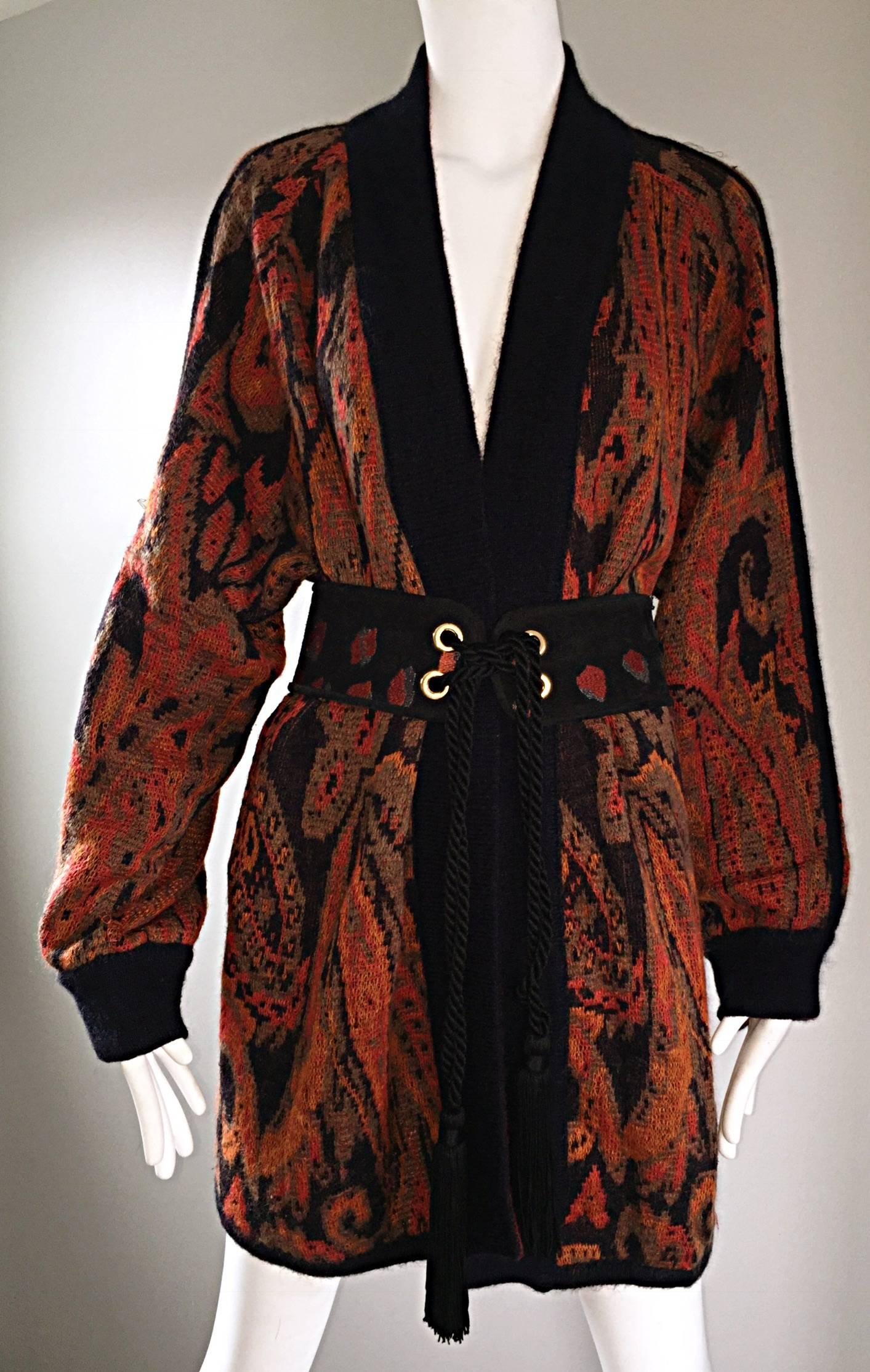 Black Vintage Escada by Margaretha Ley Autumnal Open Front Paisley Mohair Cardigan 