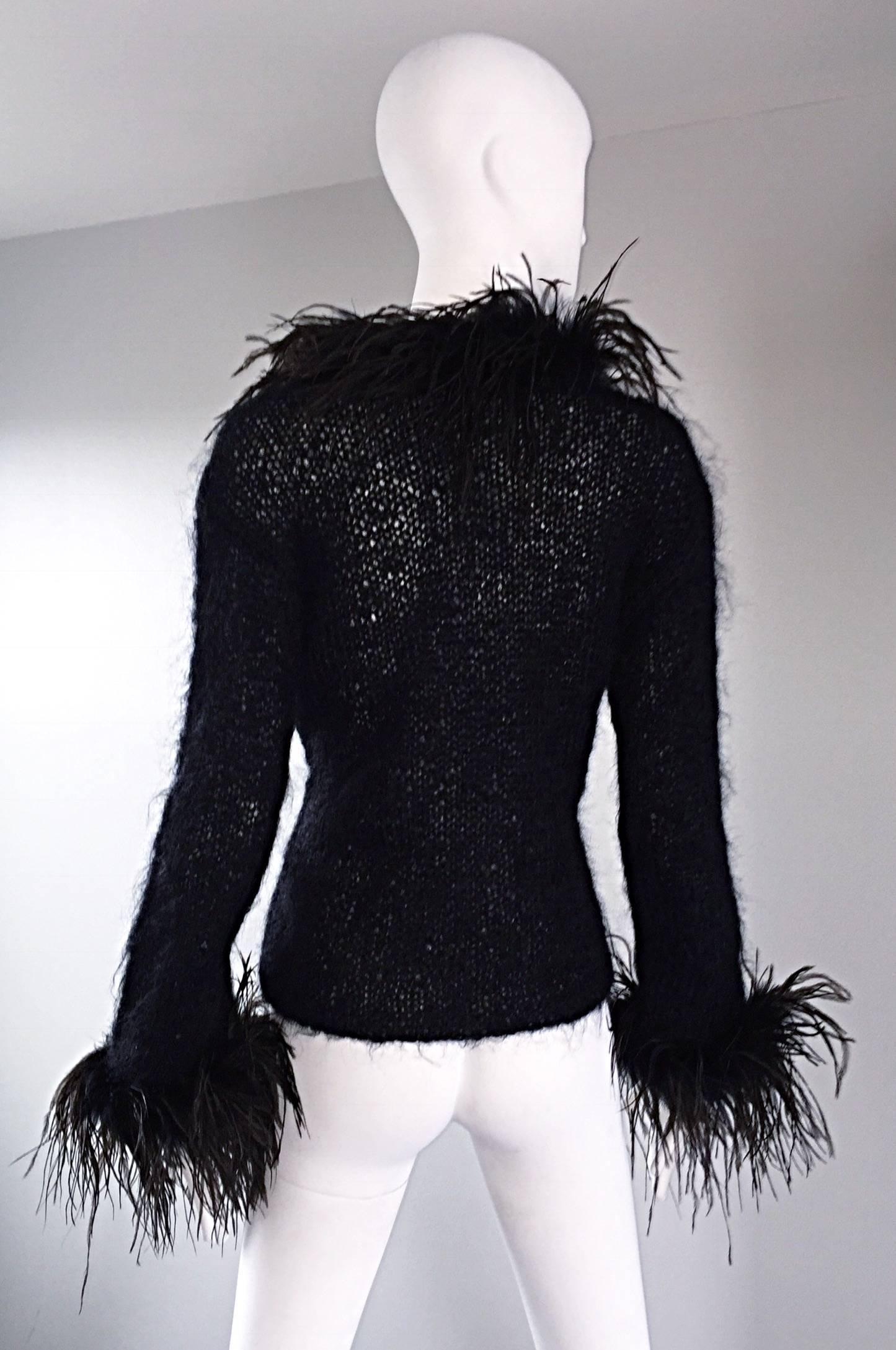 Amazing Vintage 1990s Italian Mohair Ostrich Feather Black 90s Designer Sweater In Excellent Condition In San Diego, CA