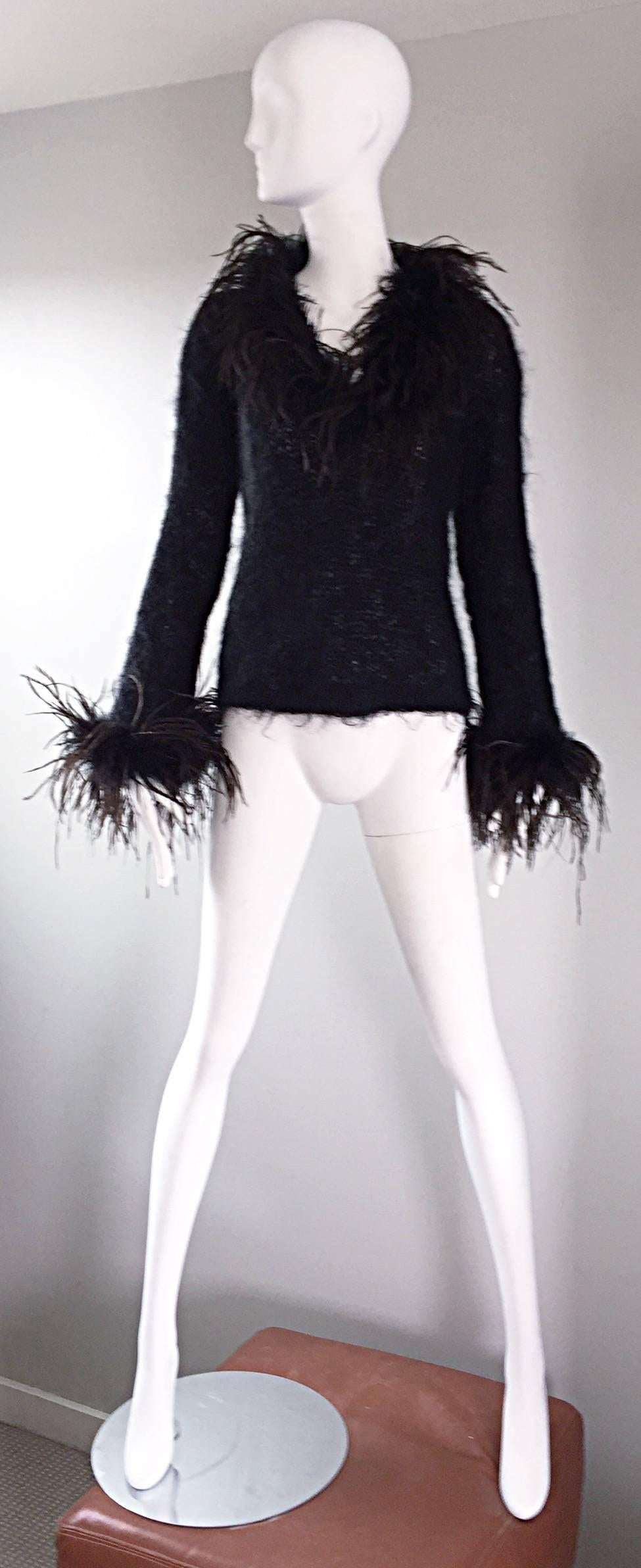 Women's Amazing Vintage 1990s Italian Mohair Ostrich Feather Black 90s Designer Sweater