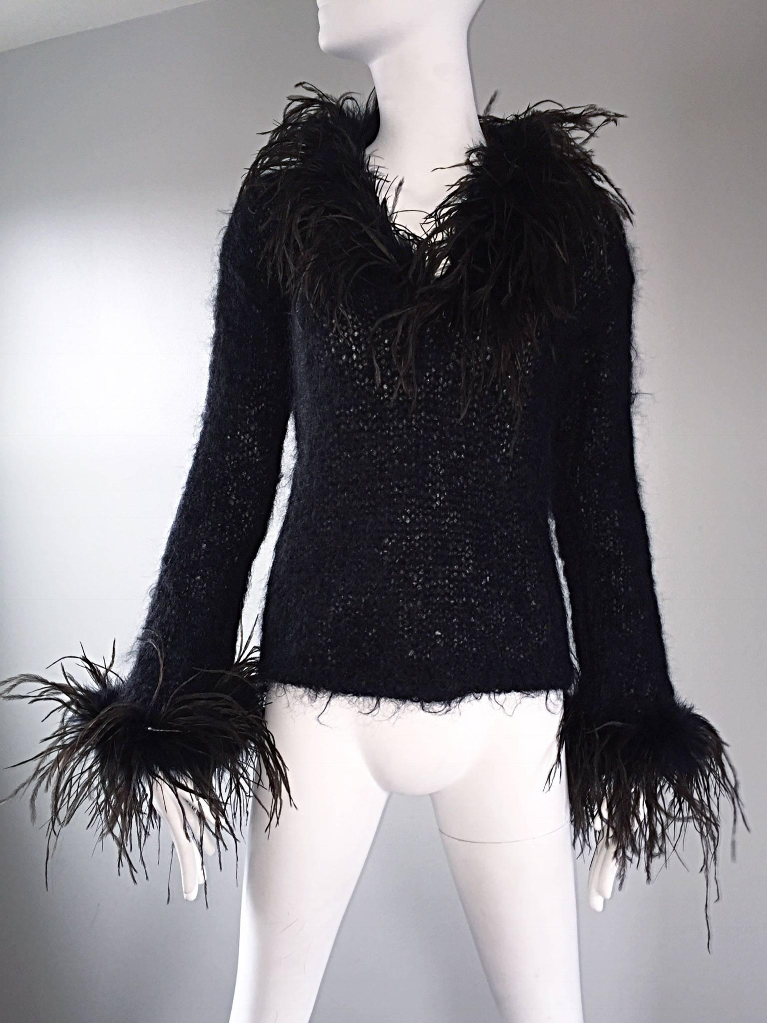 Amazing Vintage 1990s Italian Mohair Ostrich Feather Black 90s Designer Sweater 2