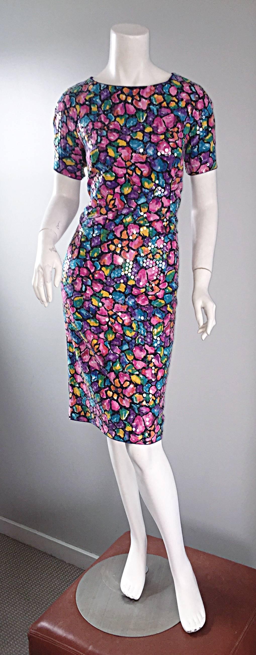 Vintage Saks Fifth Avenue Sz 8 Allover Sequined Iridescent 90s Crisscross Dress For Sale 1