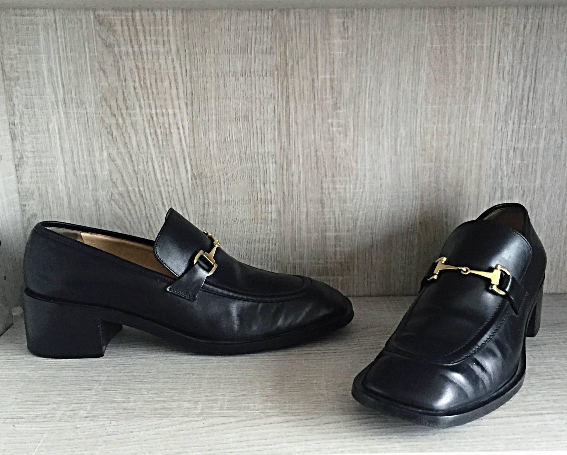 Women's or Men's Tom Ford For Gucci 1990s 90s Black Horsebit Stacked Heel Sz 38.5 Classic Loafers