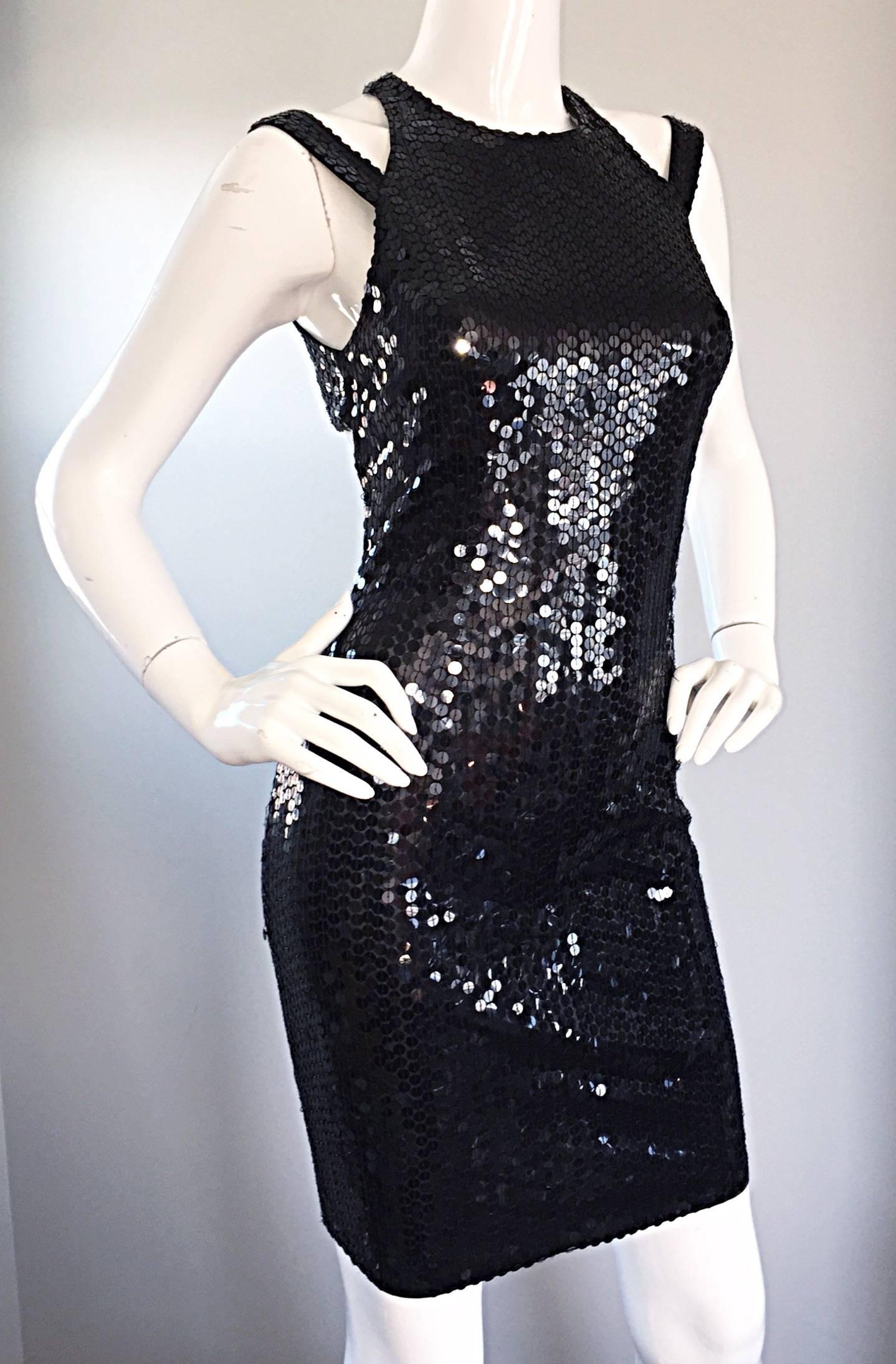 Women's Sexy Vintage Size 8 Della Roufogali Black LBD Caged Back Sequined 90s Mini Dress For Sale