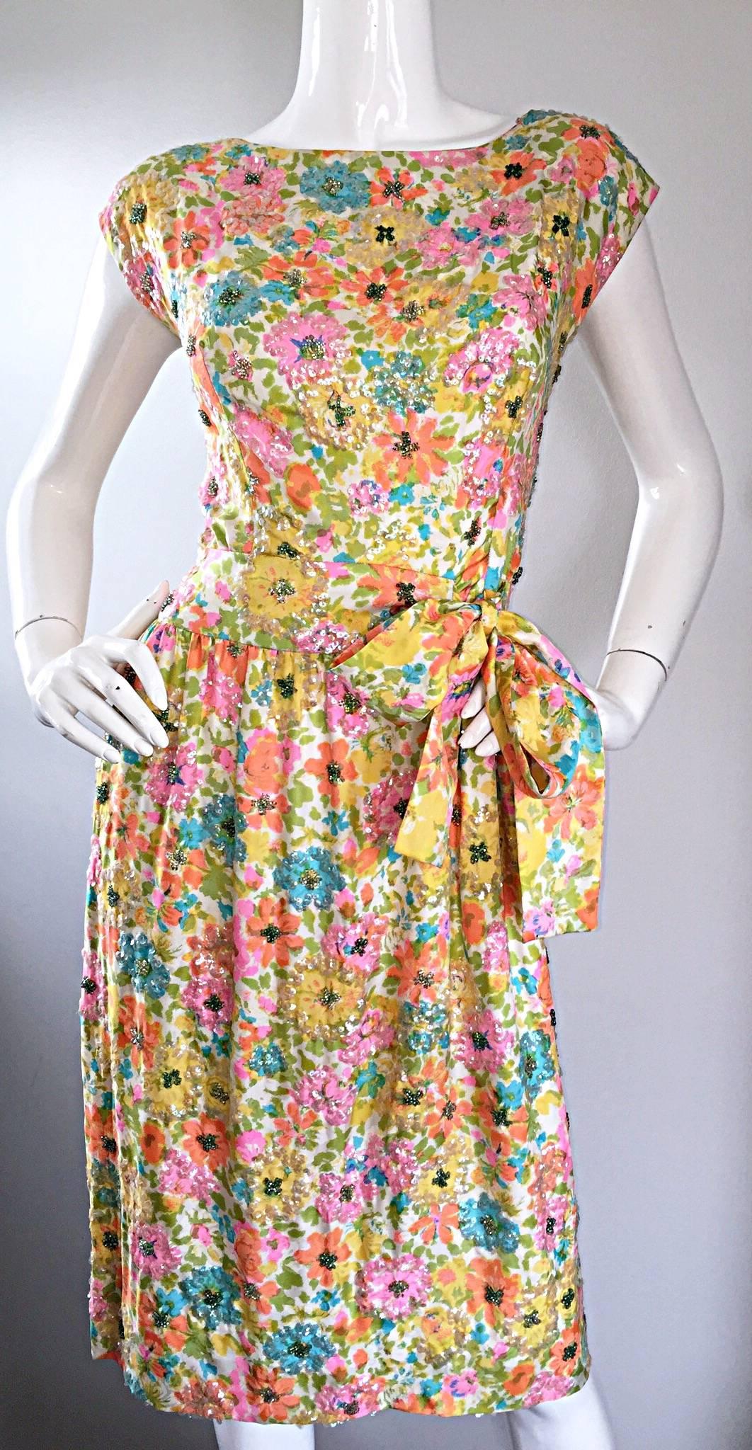Beautiful Vintage Larry Aldrich 1950s Silk Sequined + Beaded 50s Flower Dress In Excellent Condition In San Diego, CA