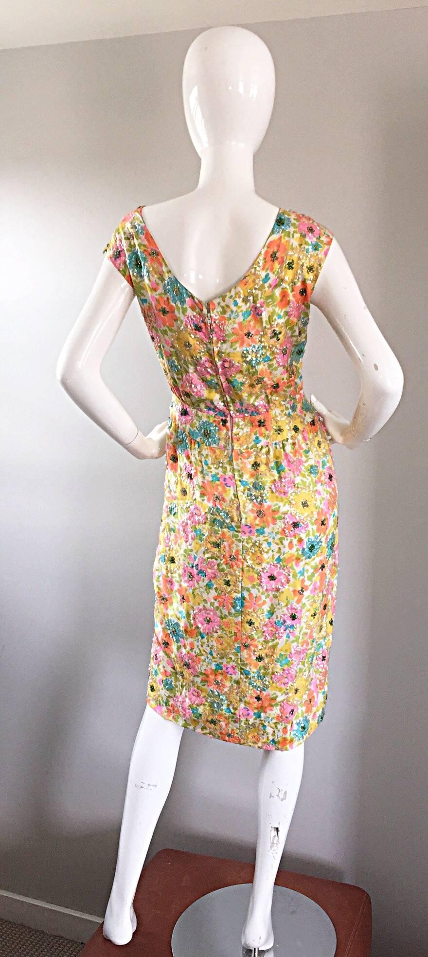 Women's Beautiful Vintage Larry Aldrich 1950s Silk Sequined + Beaded 50s Flower Dress