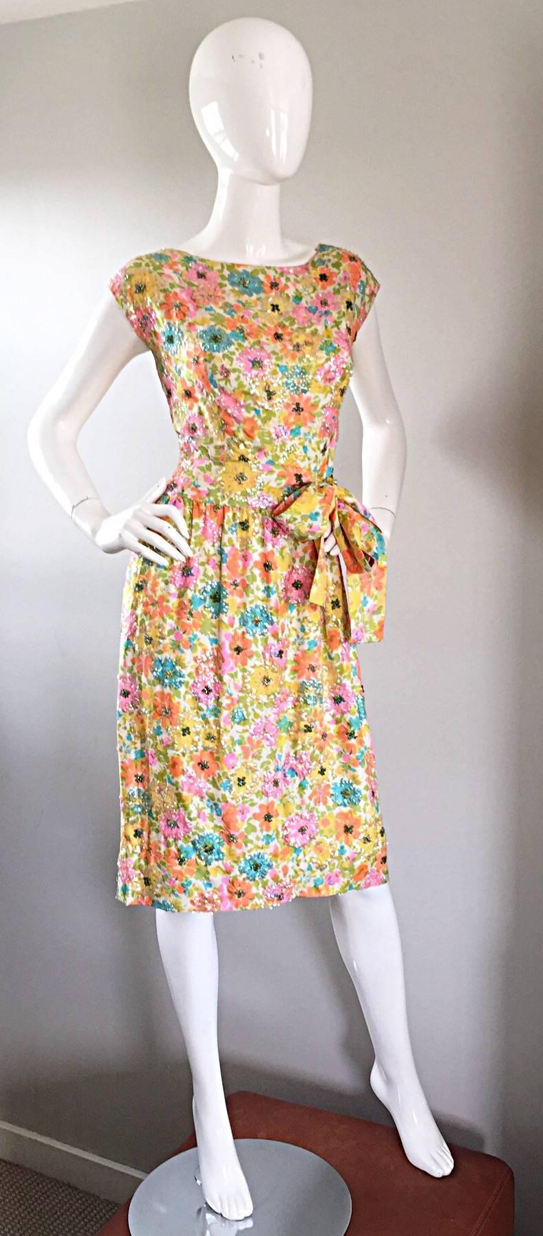 Beautiful Vintage Larry Aldrich 1950s Silk Sequined + Beaded 50s Flower Dress 1
