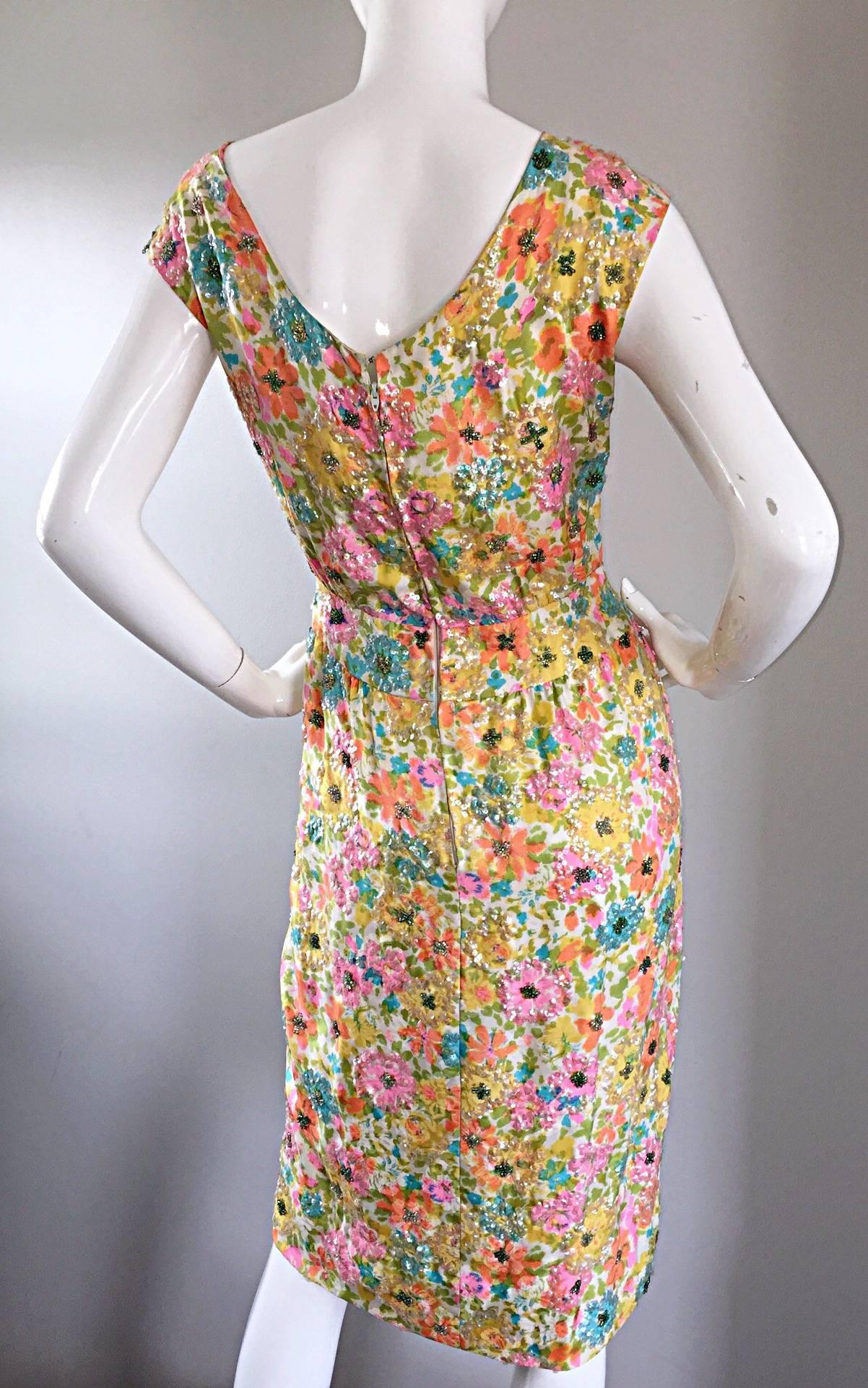 Beautiful Vintage Larry Aldrich 1950s Silk Sequined + Beaded 50s Flower Dress 2