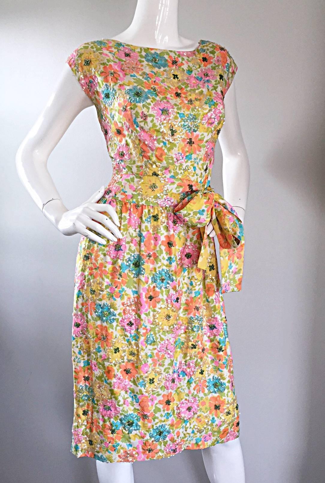 Beautiful Vintage Larry Aldrich 1950s Silk Sequined + Beaded 50s Flower Dress 3
