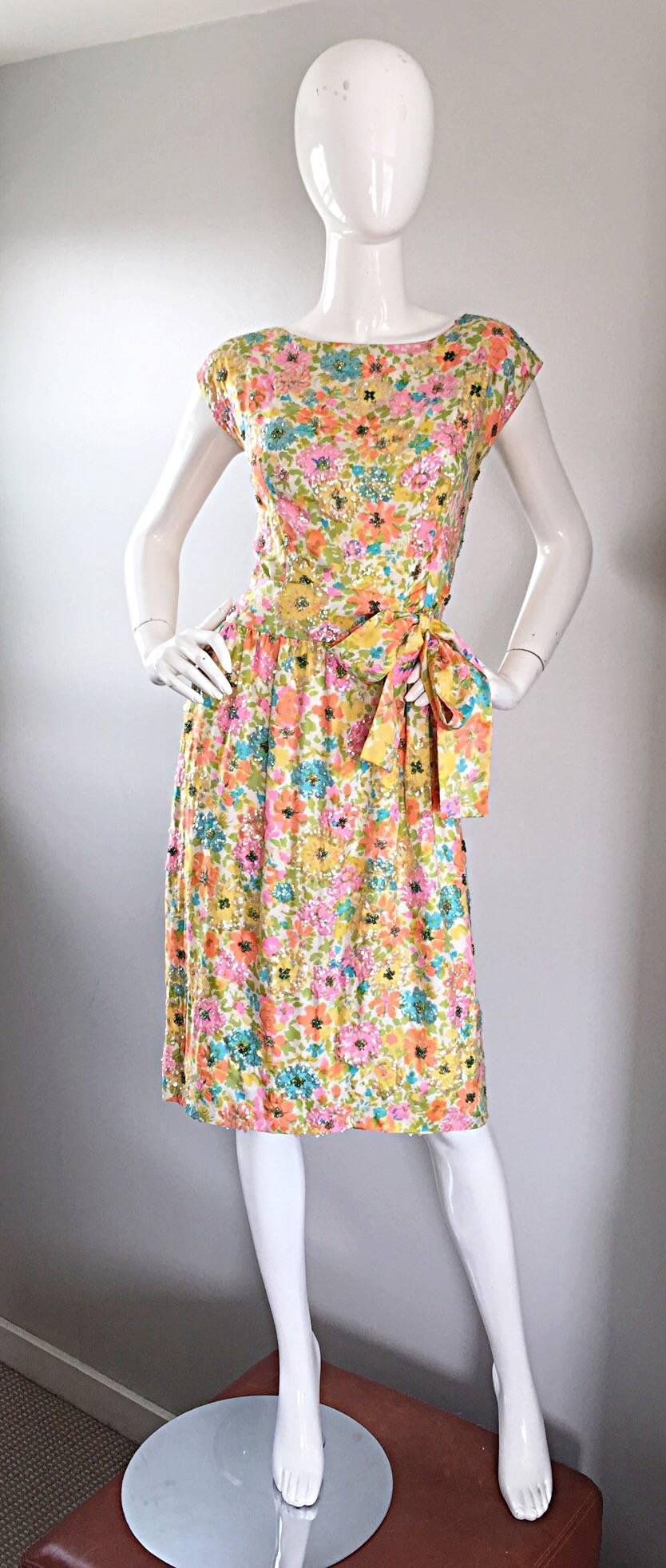 Beautiful Vintage Larry Aldrich 1950s Silk Sequined + Beaded 50s Flower Dress 4