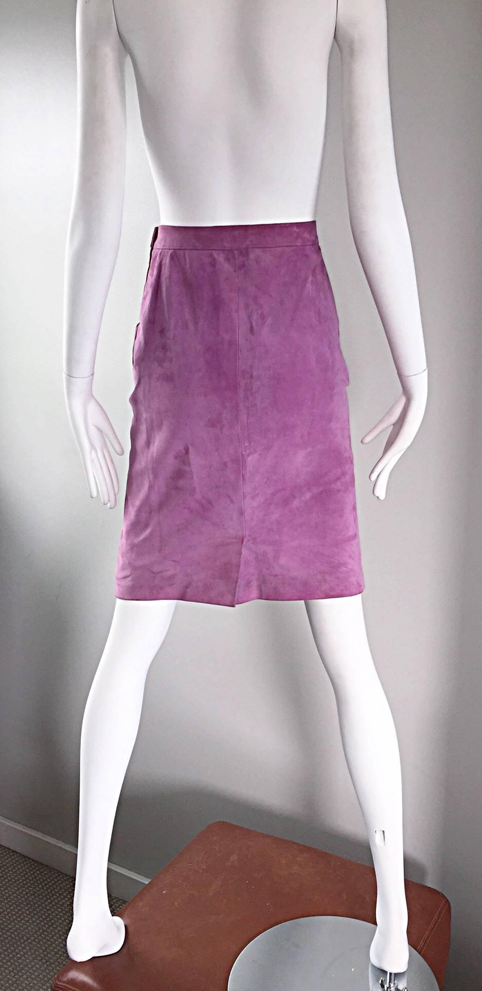 YSL Vintage Yves Saint Laurent Purple Lilac Lavender Leather Suede Pencil Skirt In Excellent Condition In San Diego, CA