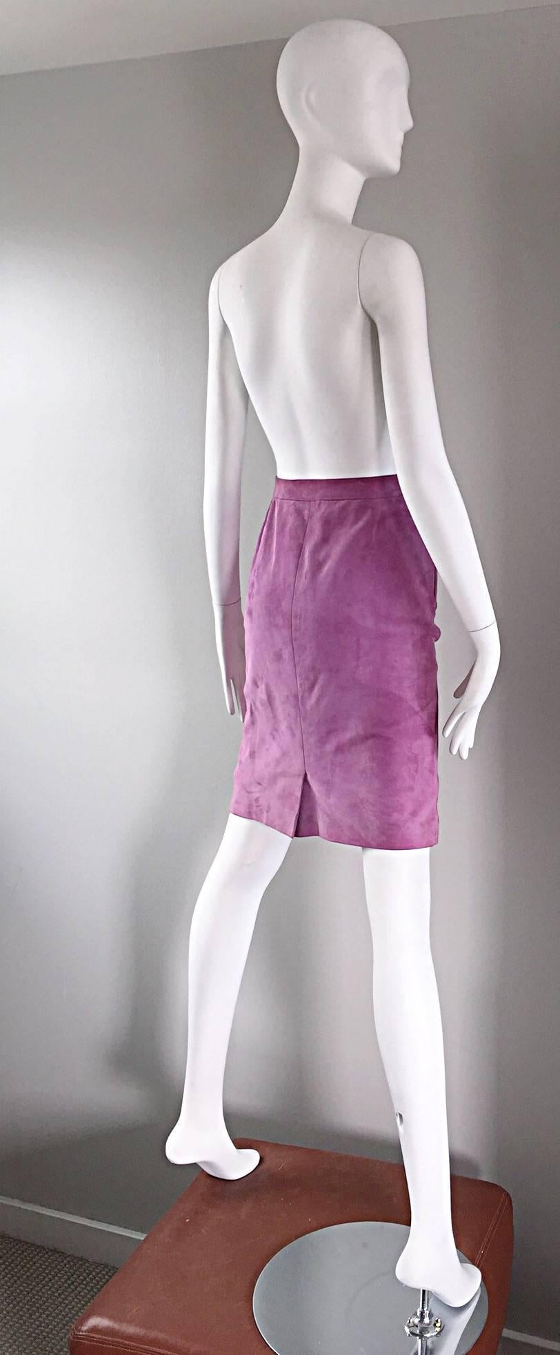 YSL Vintage Yves Saint Laurent Purple Lilac Lavender Leather Suede Pencil Skirt 1
