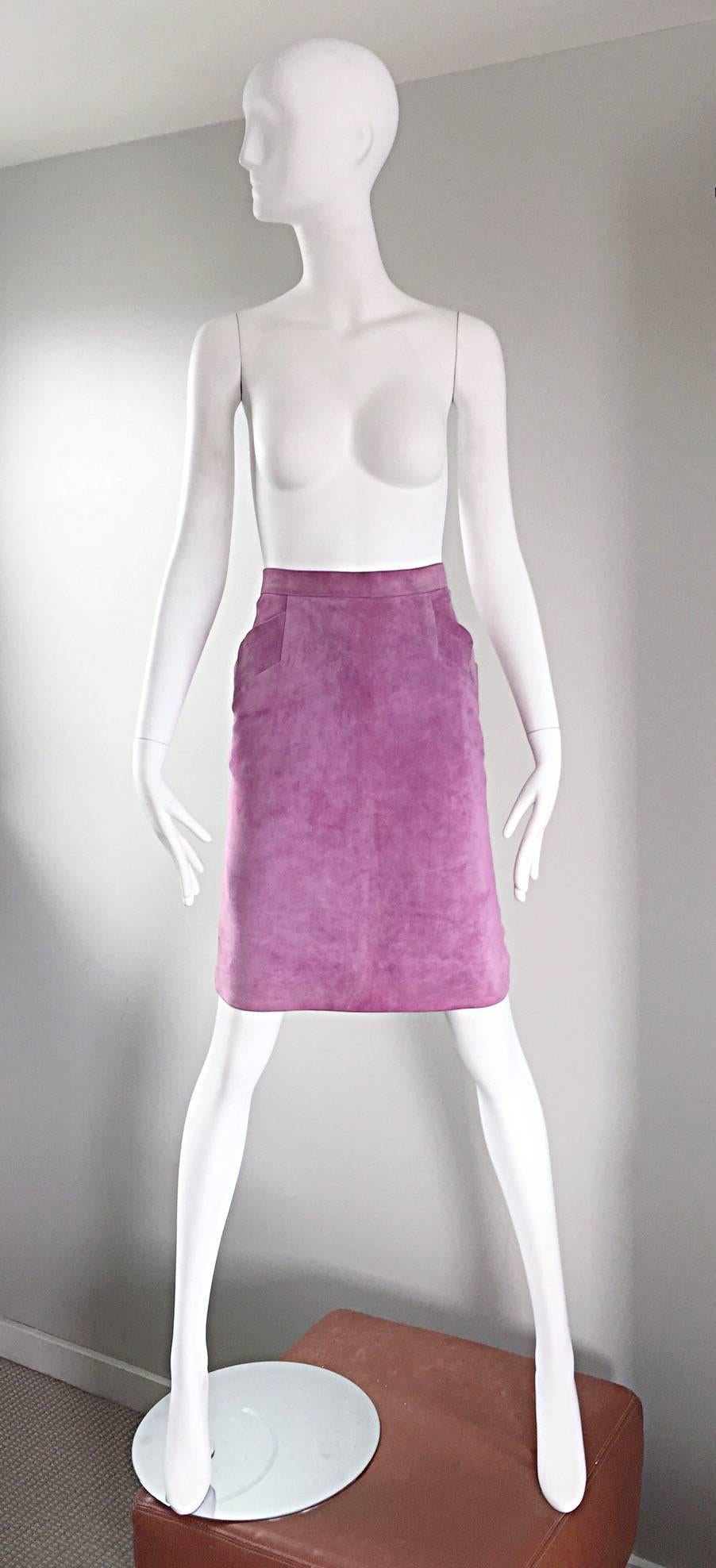 YSL Vintage Yves Saint Laurent Purple Lilac Lavender Leather Suede Pencil Skirt 3