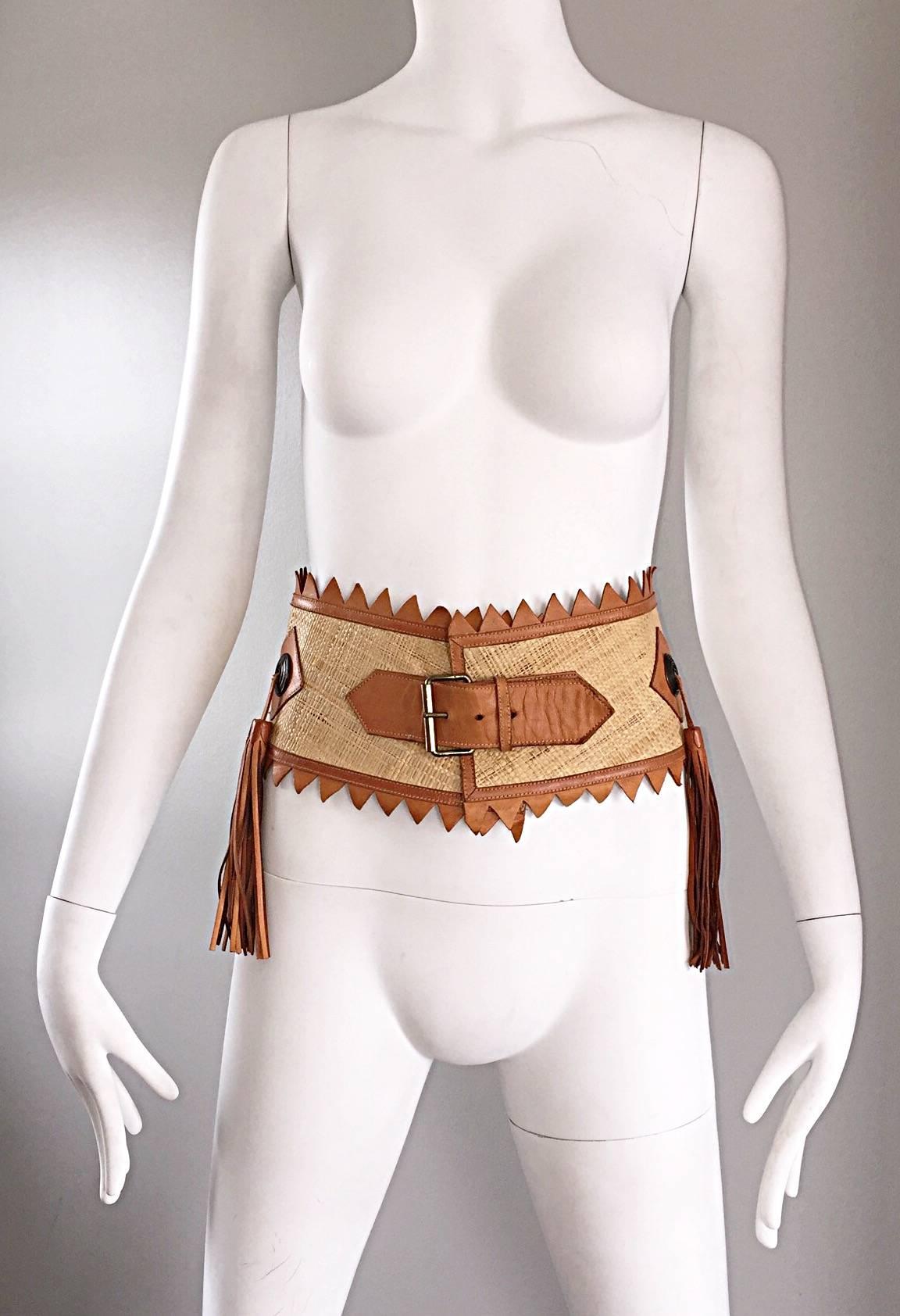 Chic 1970s Tan Saddle Leather and Straw 70s Boho Belt w/ Leather Fringe Tassels  1