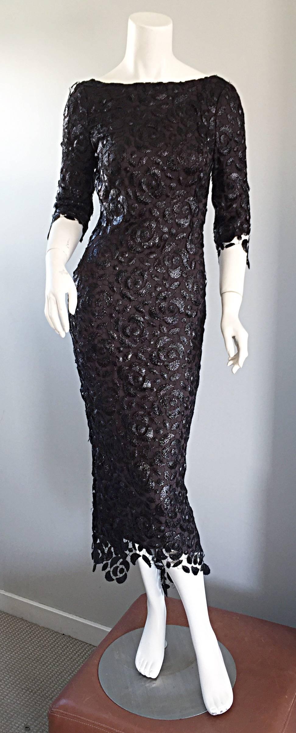 Insanely gorgeous vintage HALSTON (new with $9,800 price tag) black silk 3/4 sleeve silk lace crochet dress! Features incredible black silk crochet lace over a luxurious black silk shell. Sexy plunging back reveals just the right amount of skin.