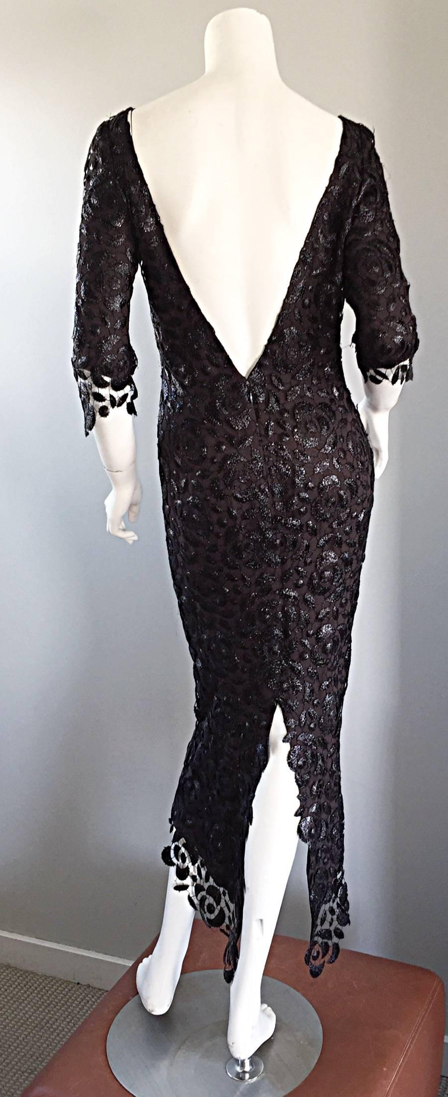 Incredible Vintage Halston NWT $9, 800 Black Silk Crochet 3/4 Sleeves Dress Sz 6 In New Condition In San Diego, CA