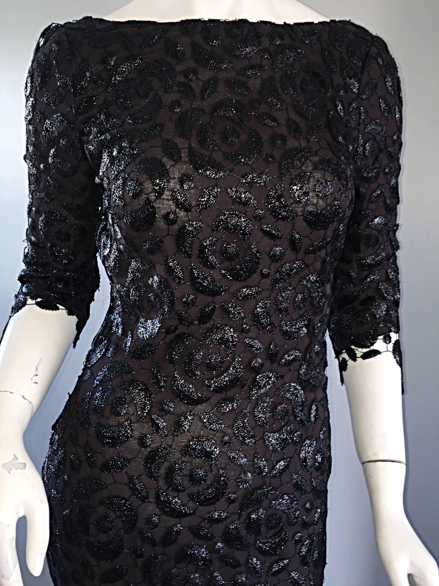 Women's Incredible Vintage Halston NWT $9, 800 Black Silk Crochet 3/4 Sleeves Dress Sz 6