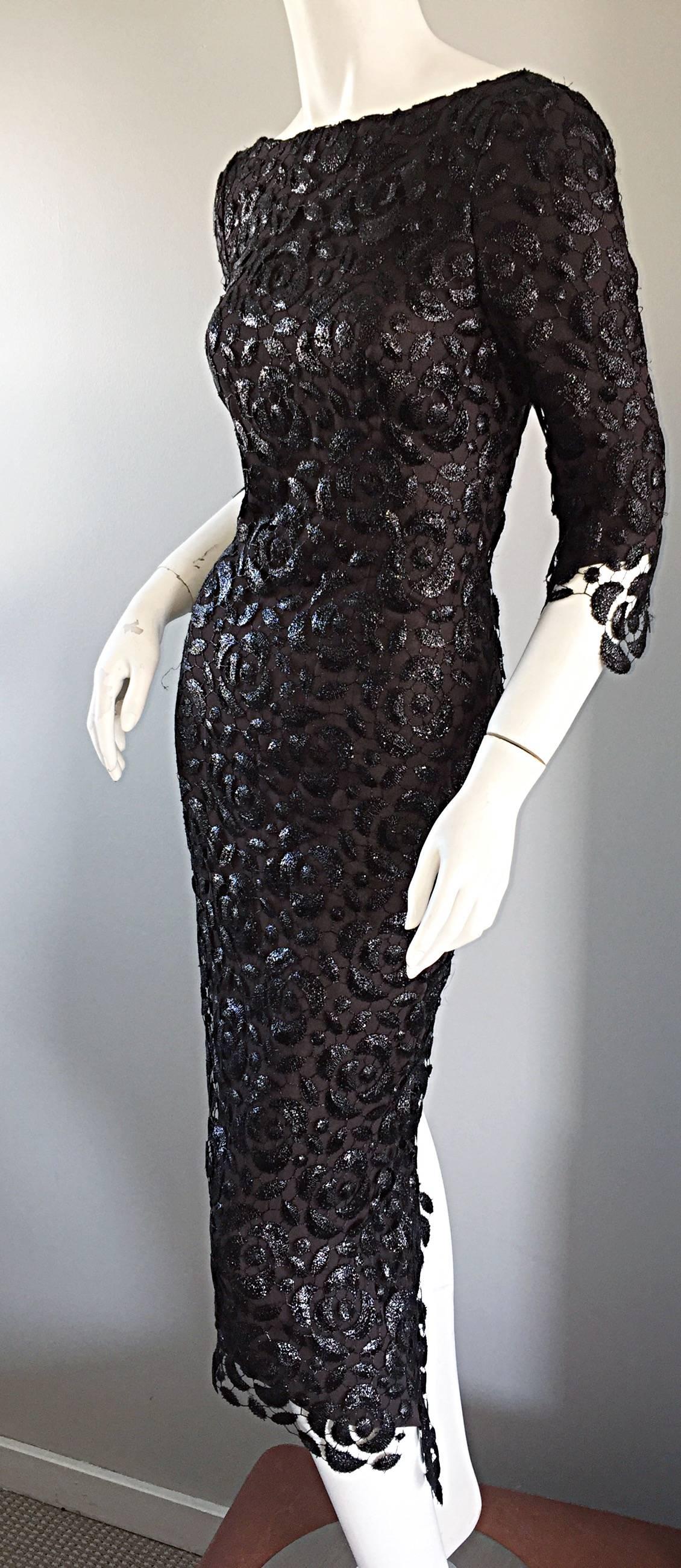 Incredible Vintage Halston NWT $9, 800 Black Silk Crochet 3/4 Sleeves Dress Sz 6 1
