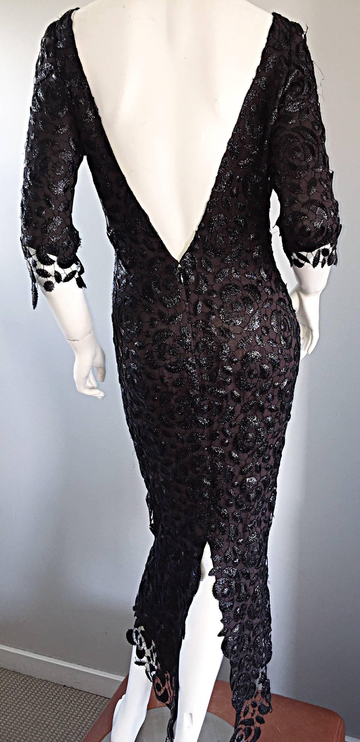 Incredible Vintage Halston NWT $9, 800 Black Silk Crochet 3/4 Sleeves Dress Sz 6 2