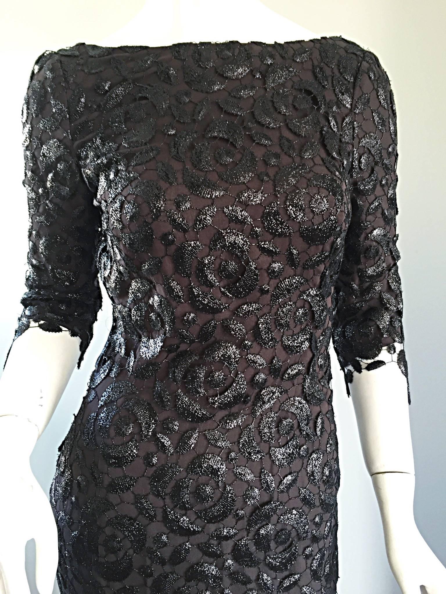 Incredible Vintage Halston NWT $9, 800 Black Silk Crochet 3/4 Sleeves Dress Sz 6 3