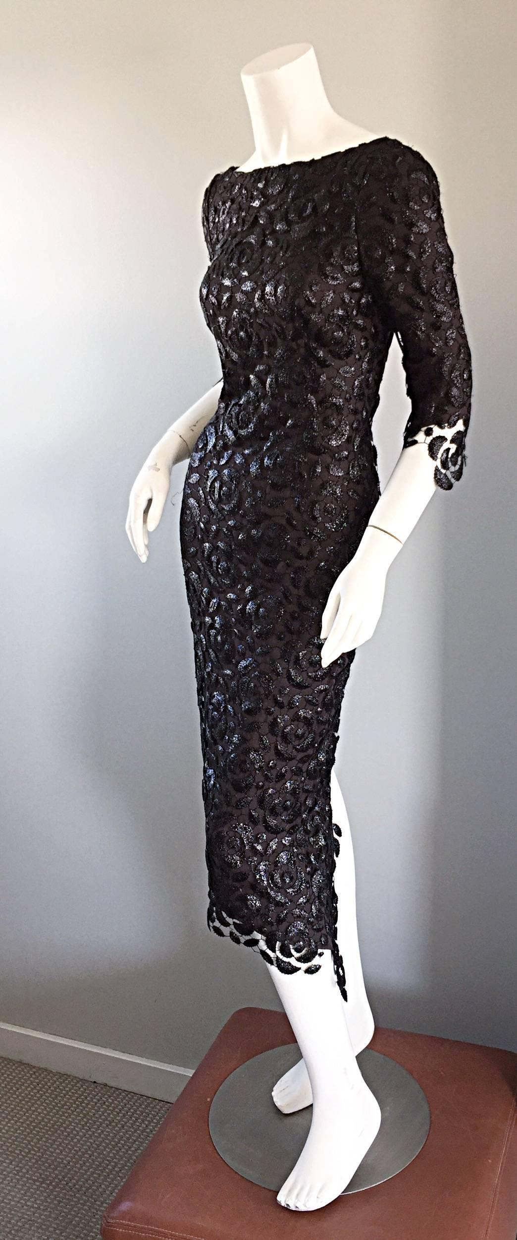 Incredible Vintage Halston NWT $9, 800 Black Silk Crochet 3/4 Sleeves Dress Sz 6 4