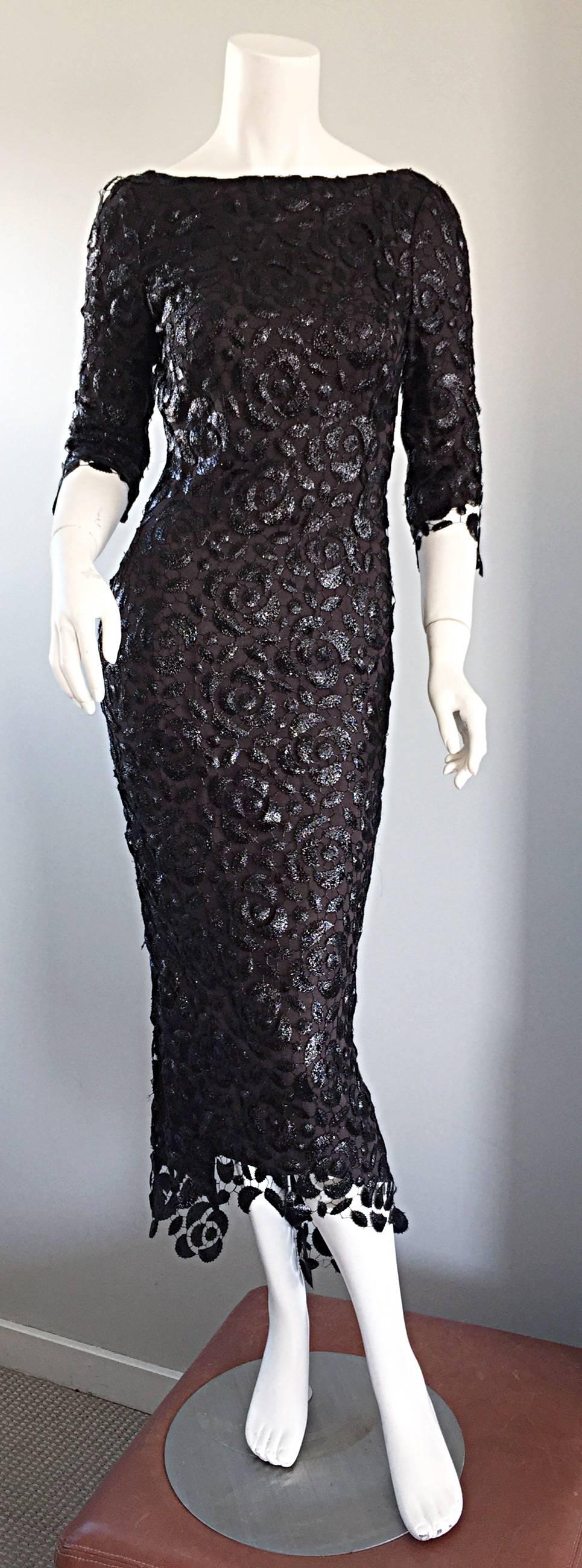 Incredible Vintage Halston NWT $9, 800 Black Silk Crochet 3/4 Sleeves Dress Sz 6 5