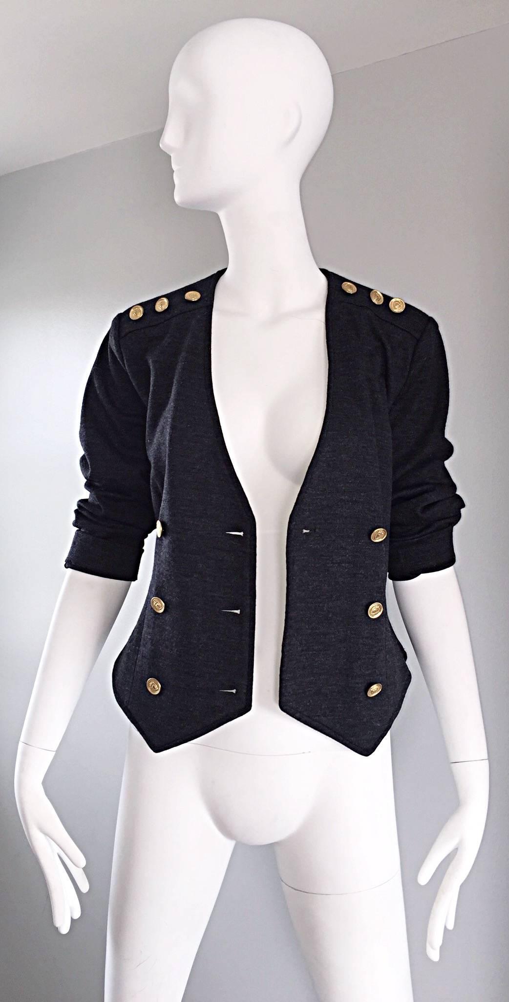 Black Vintage Nina Ricci Couture Charcoal Grey Double Breasted Wool Cardigan Jacket  For Sale