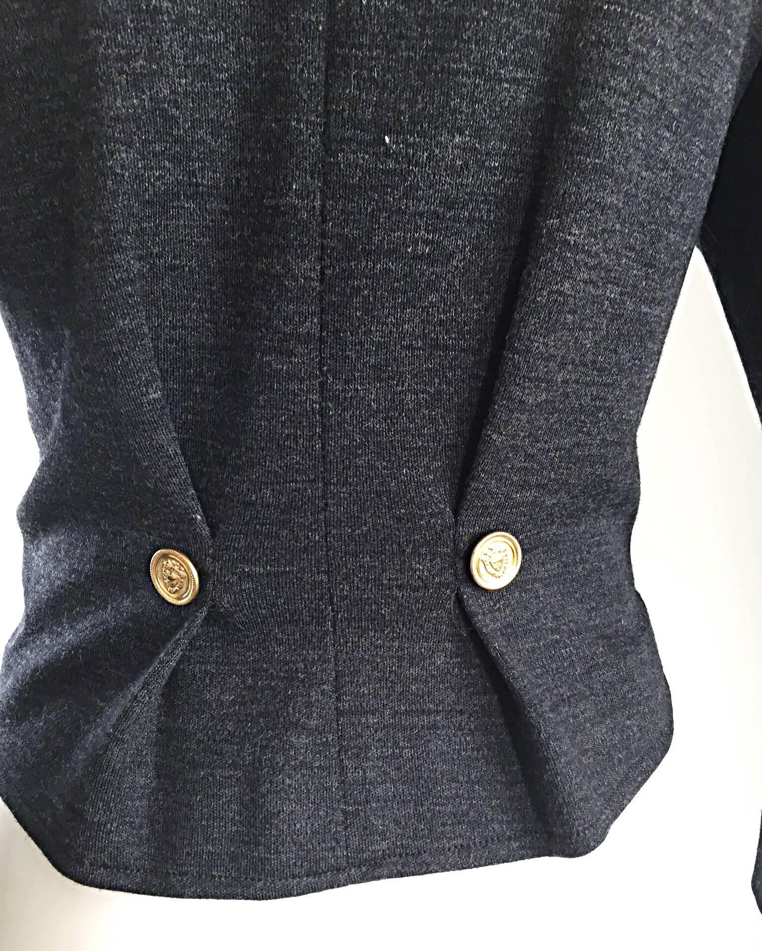 Vintage Nina Ricci Couture Charcoal Grey Double Breasted Wool Cardigan Jacket  In Excellent Condition For Sale In San Diego, CA