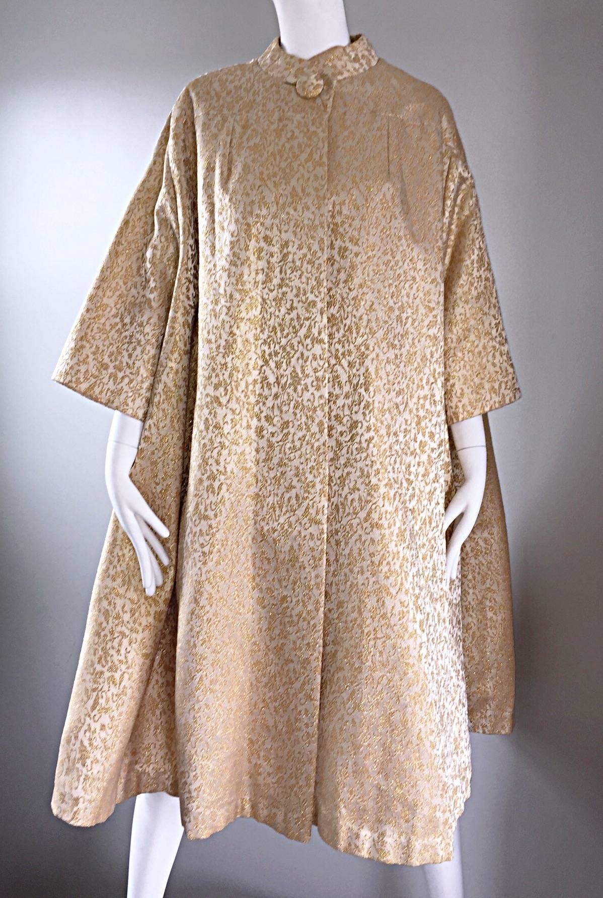 Spectacular Vintage 1950s Gold and Ivory Silk Brocade Opera Trapeze Jacket Coat 1
