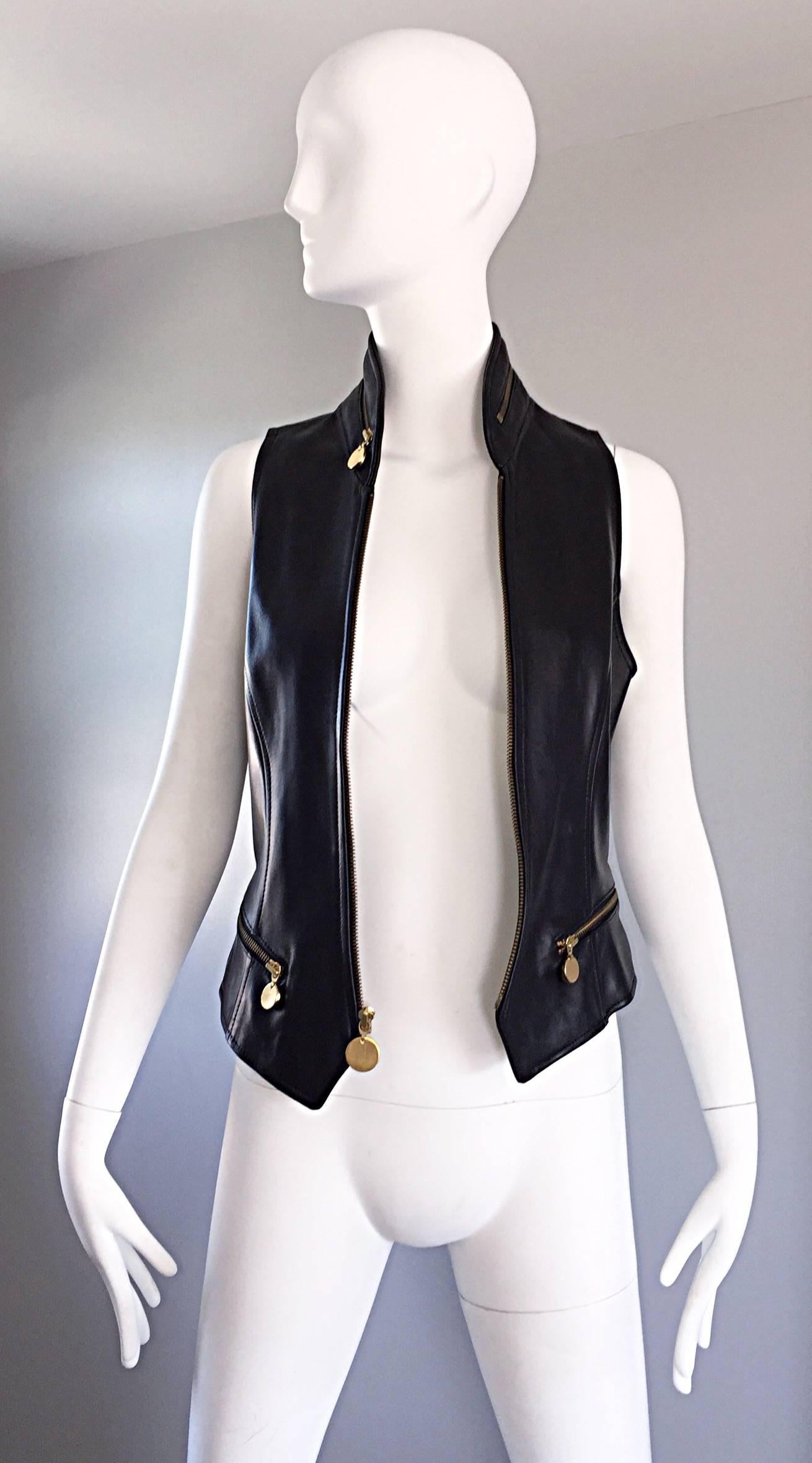 Vintage Donna Karan Black Lambskin Leather 1990s 90s Fitted Moto Vest Size 4 In Excellent Condition In San Diego, CA