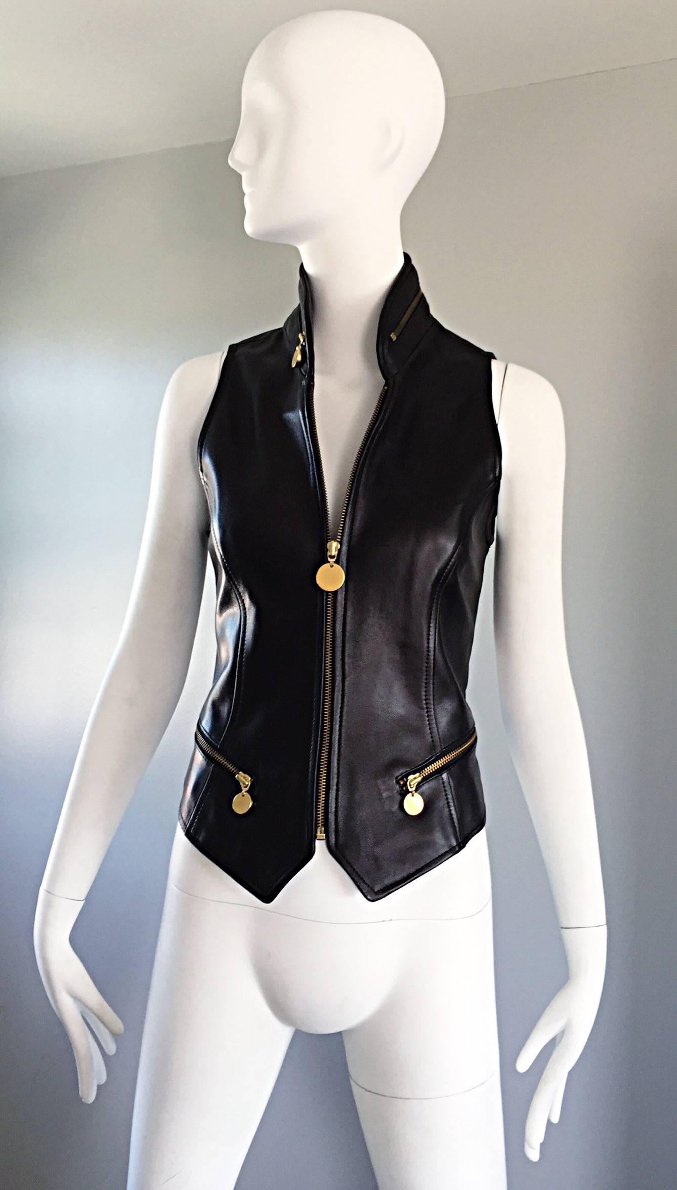 Women's Vintage Donna Karan Black Lambskin Leather 1990s 90s Fitted Moto Vest Size 4