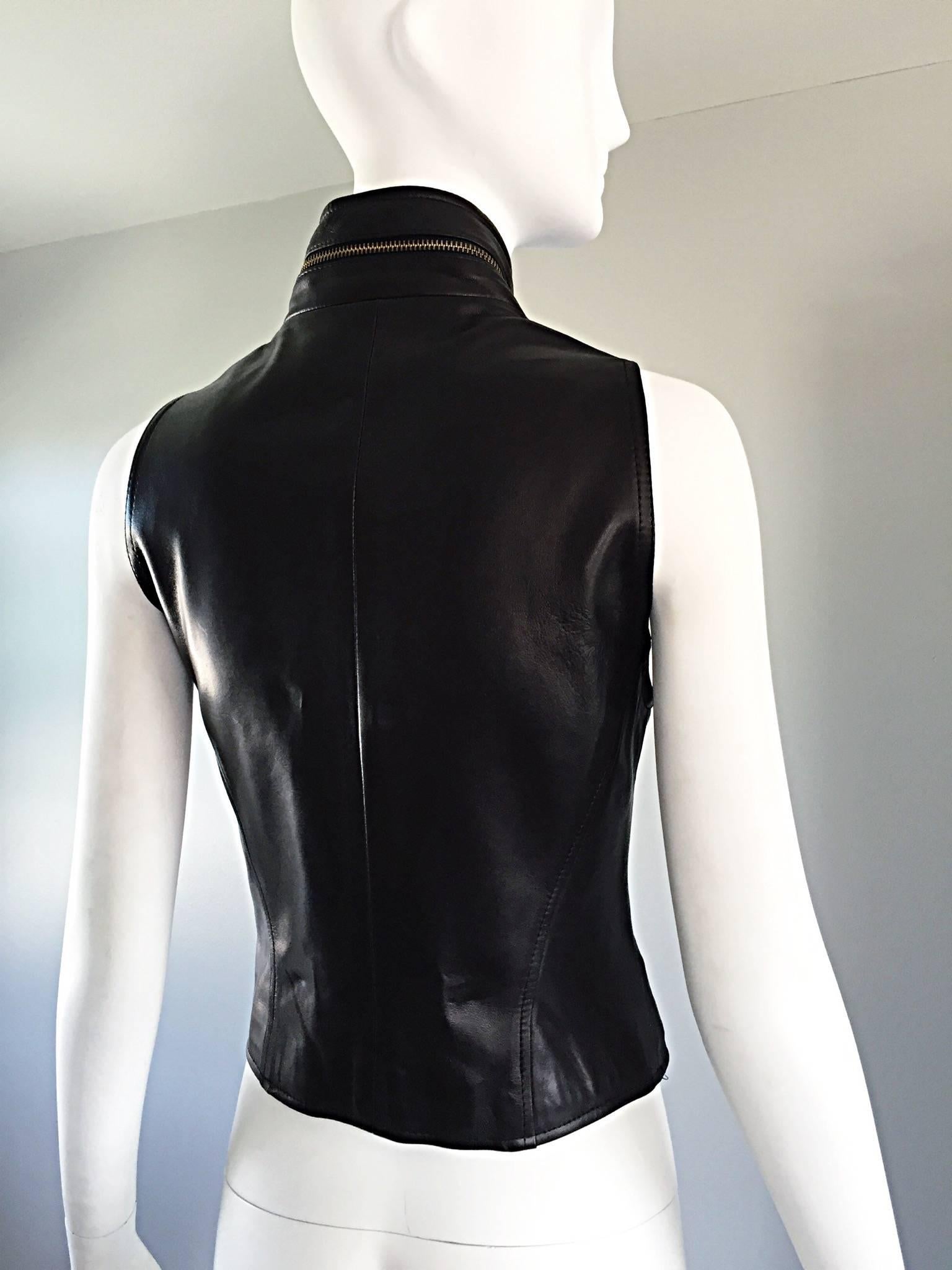 Vintage Donna Karan Black Lambskin Leather 1990s 90s Fitted Moto Vest Size 4 1
